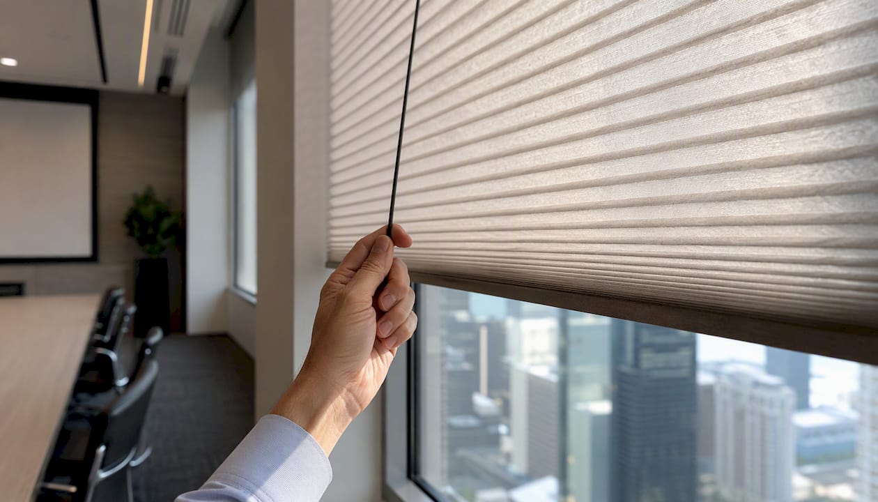 Hands adjusting cellular office window shade