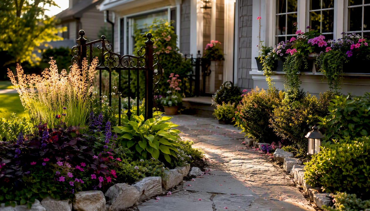 Well-manicured front yard with clear entry and mulch edges