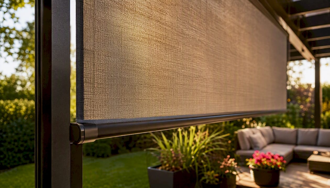 Patio with custom outdoor roller shade mounted