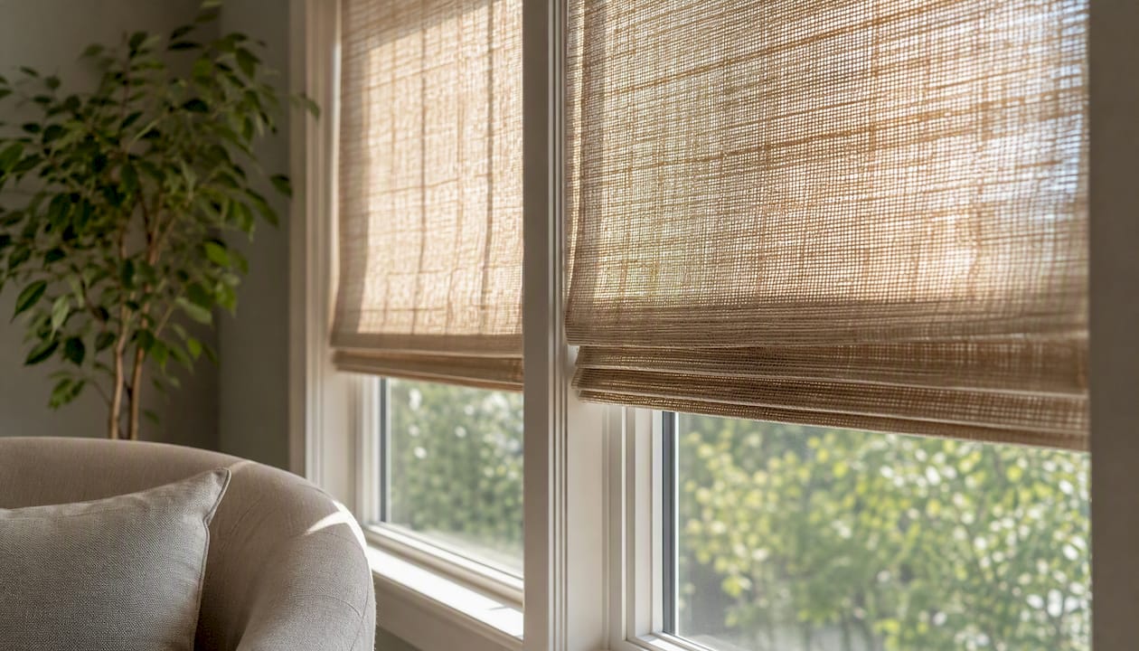 Close-up of natural woven window shade with sunlight
