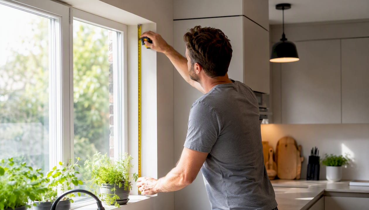 Hands measuring window width with tape measure