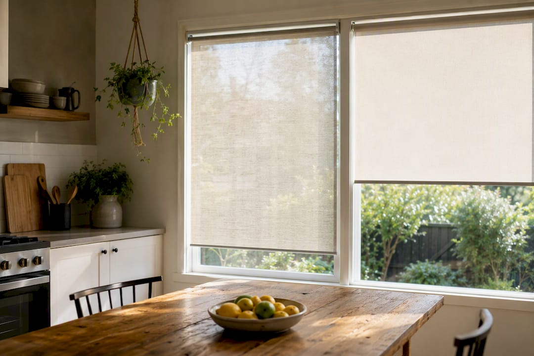 Residential window with solar and roller shades