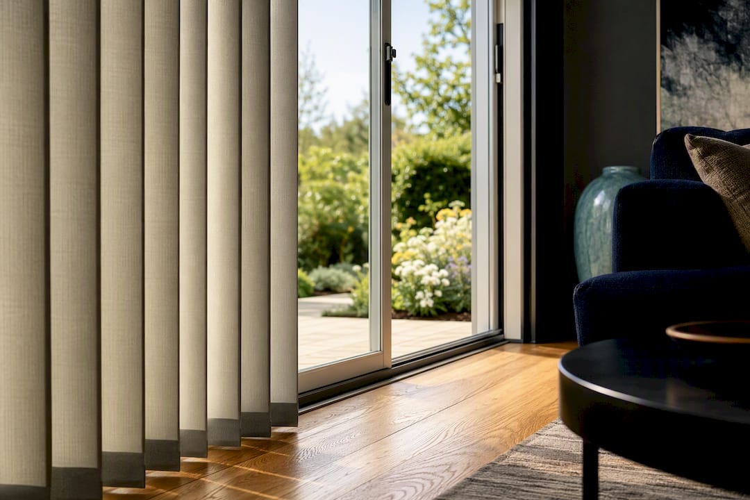 Custom vertical blinds framing a patio door