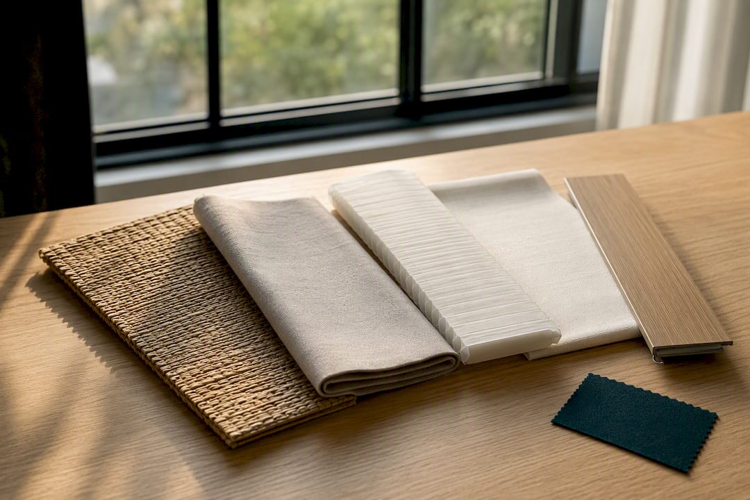 Window treatment material samples in layered arrangement