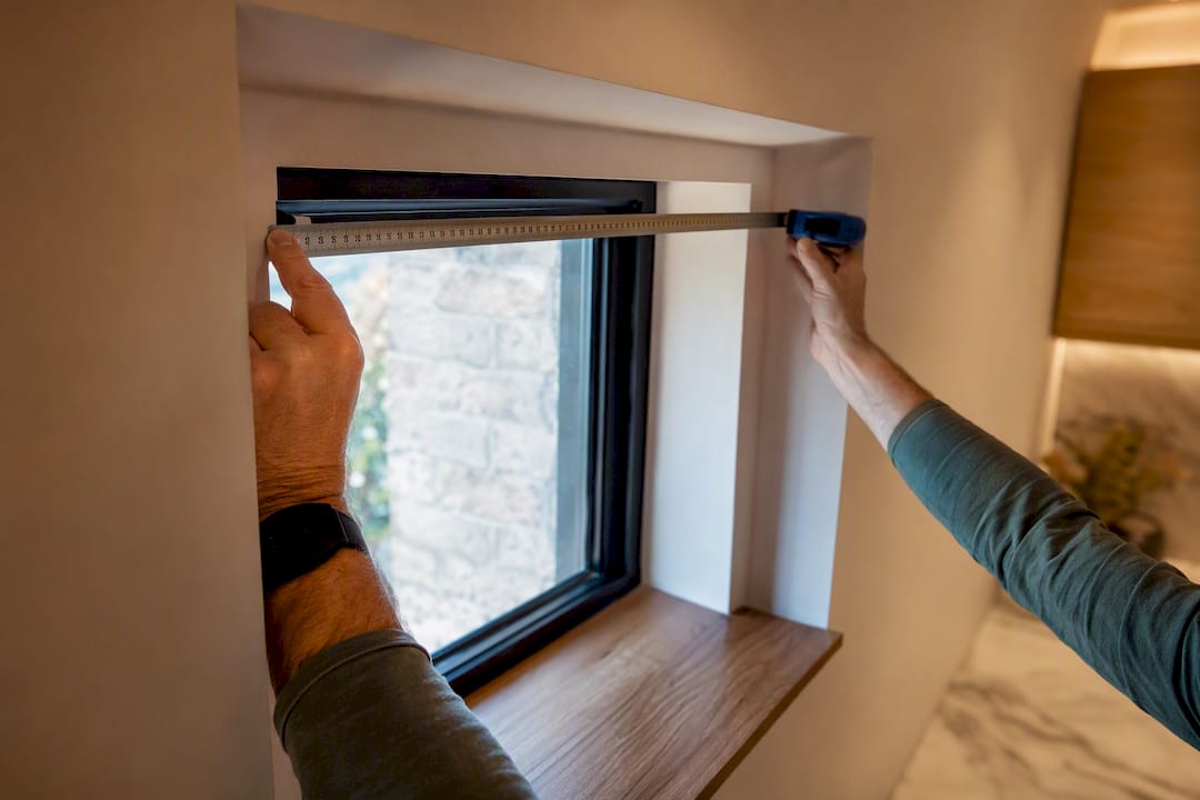 Hands measuring inside a window recess