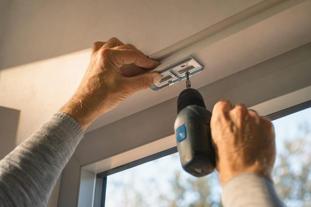 Hands aligning a smart blind mounting bracket