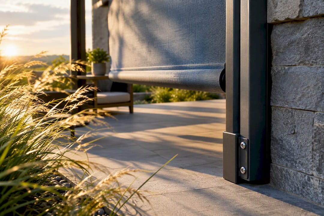 Outdoor shade hardware secured in breezy conditions