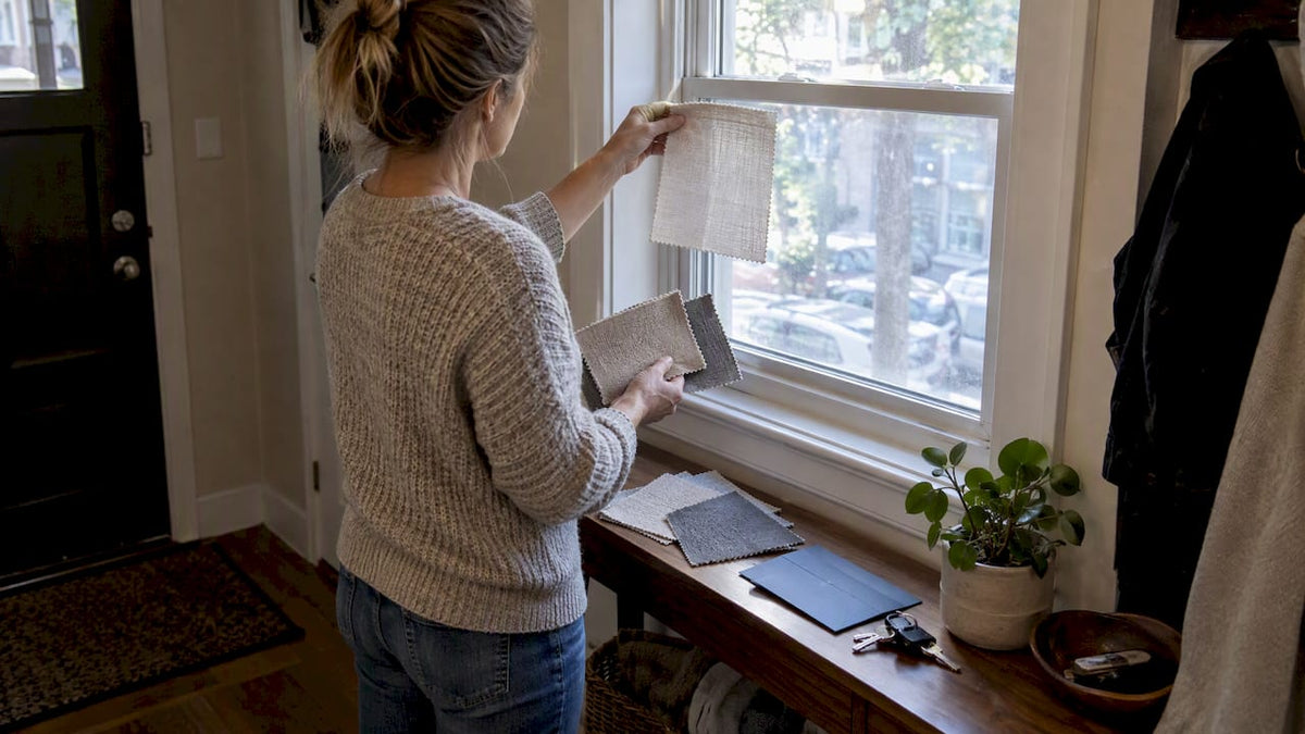Homeowner comparing fabric swatches by window