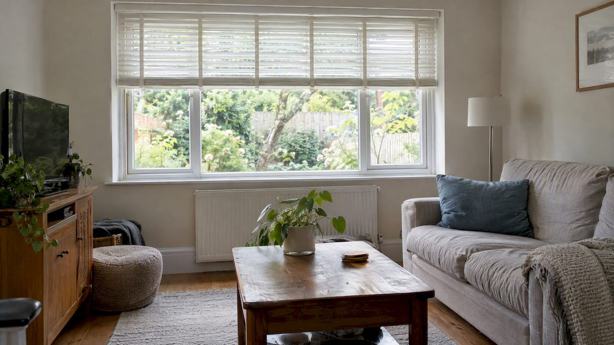 Pale blinds blend into a bright small room
