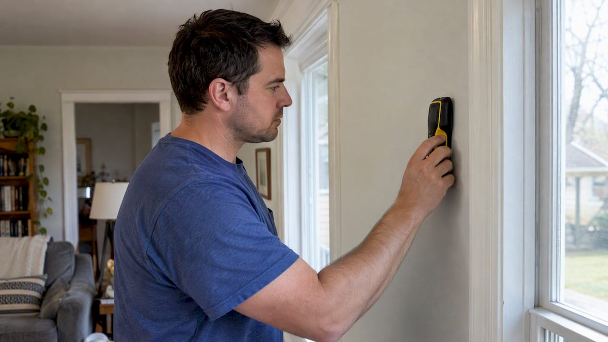 Homeowner locating a stud beside a window