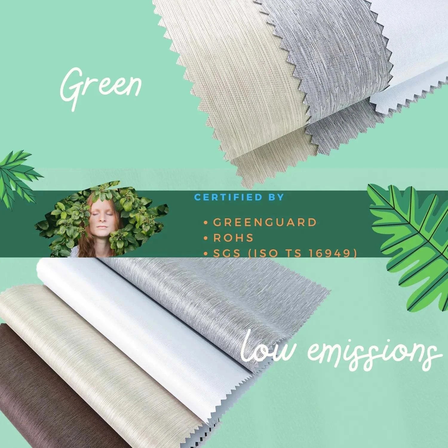 Value Blinds™ Elegant premium roller shade fabric samples in neutral tones with eco-friendly certification labels