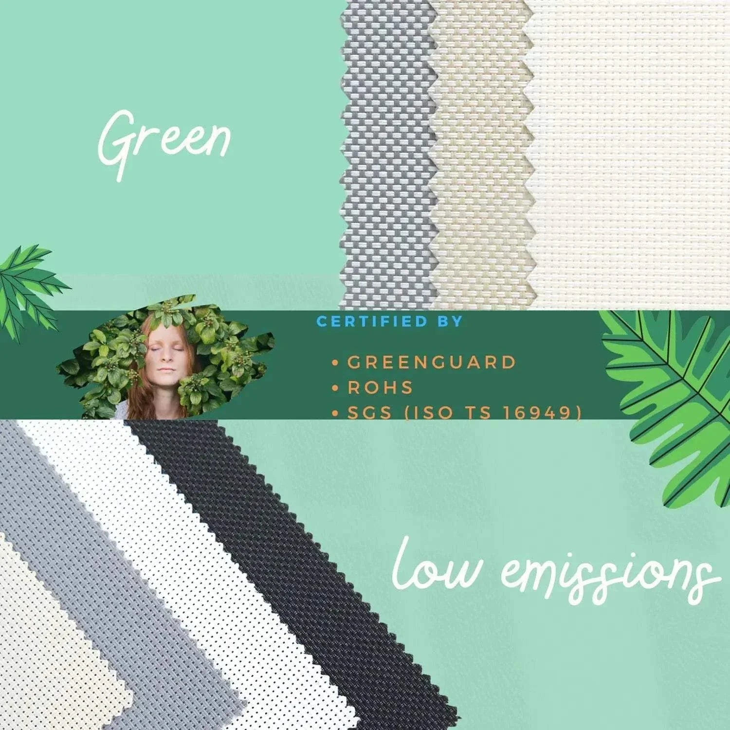Value Blinds™ premium solar shades fabric samples in neutral colors with green and low emissions certifications