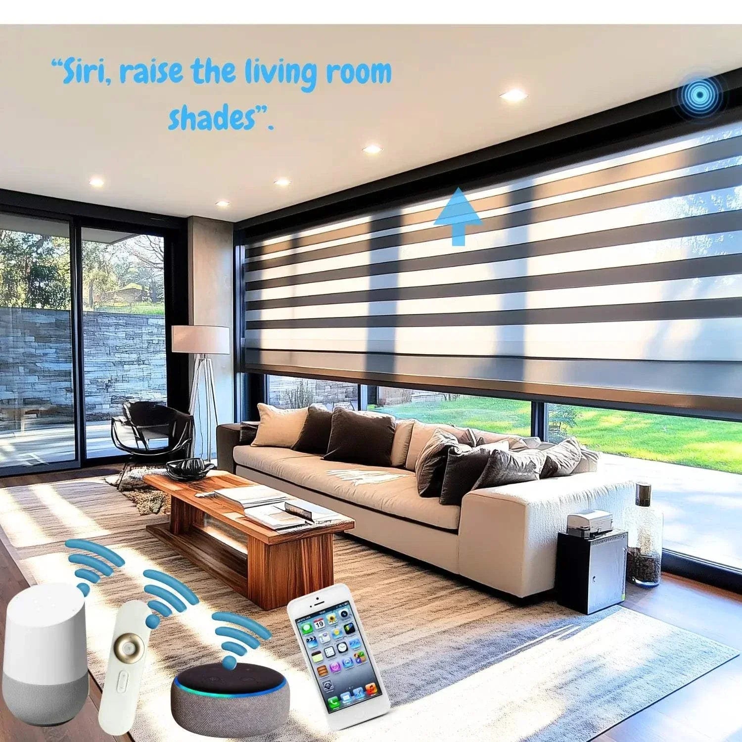 Modern living room with Value Blinds™ premium solar shades featuring smart motorization and 8% openness for light control and privacy