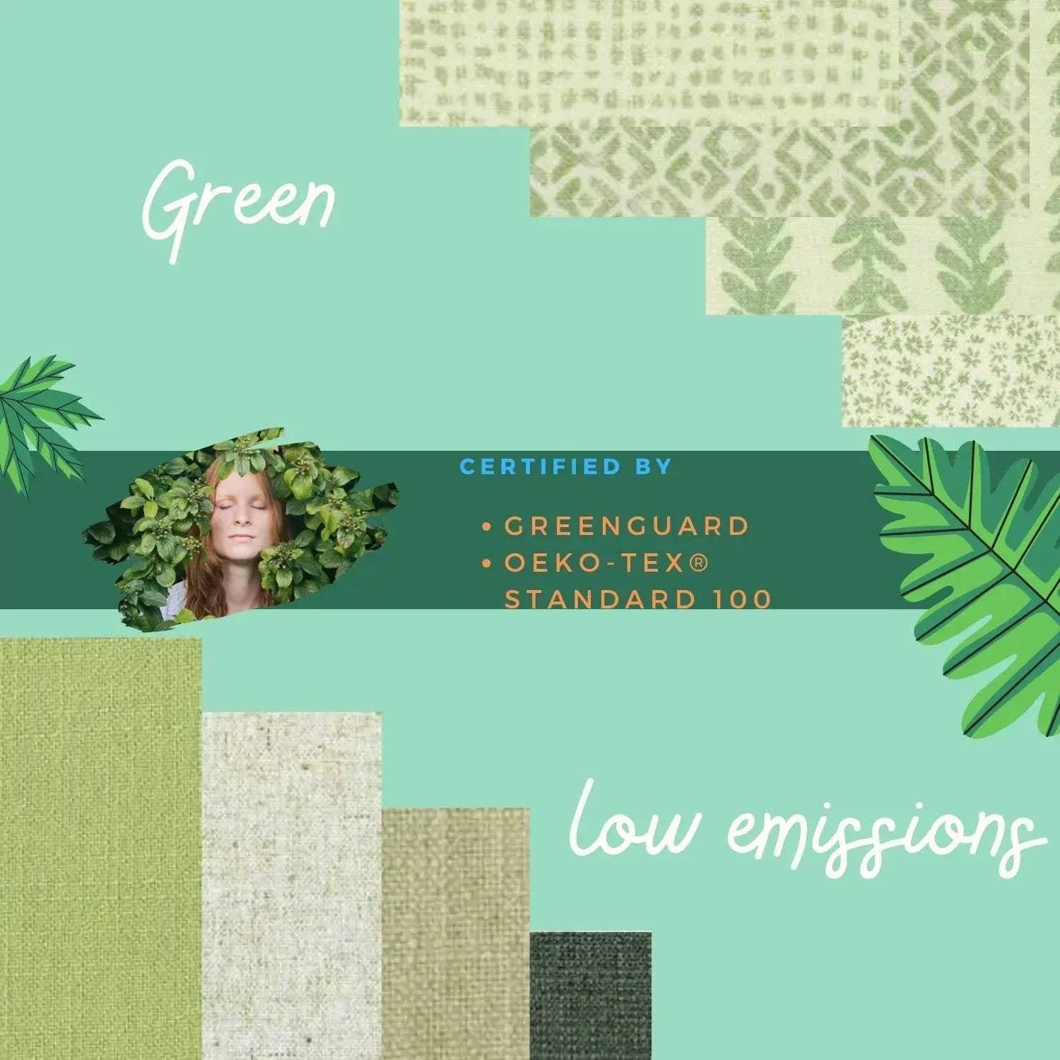 Value Blinds™ Premium Roman Shades fabric swatches in clay and linen with eco-friendly certifications and low emissions.