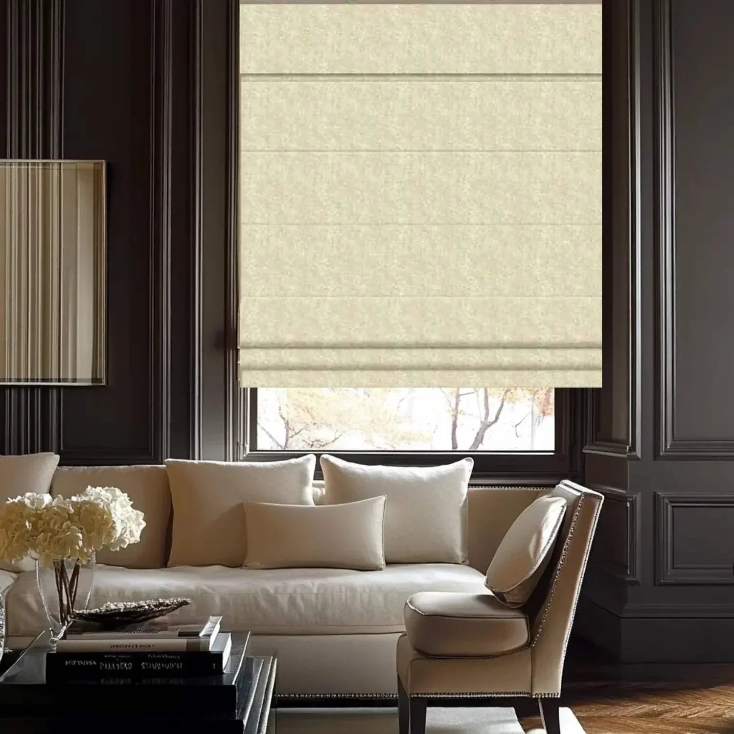 Value Blinds™ Premium Roman Shades in clay and linen fabric providing elegant light control in a stylish living room setting
