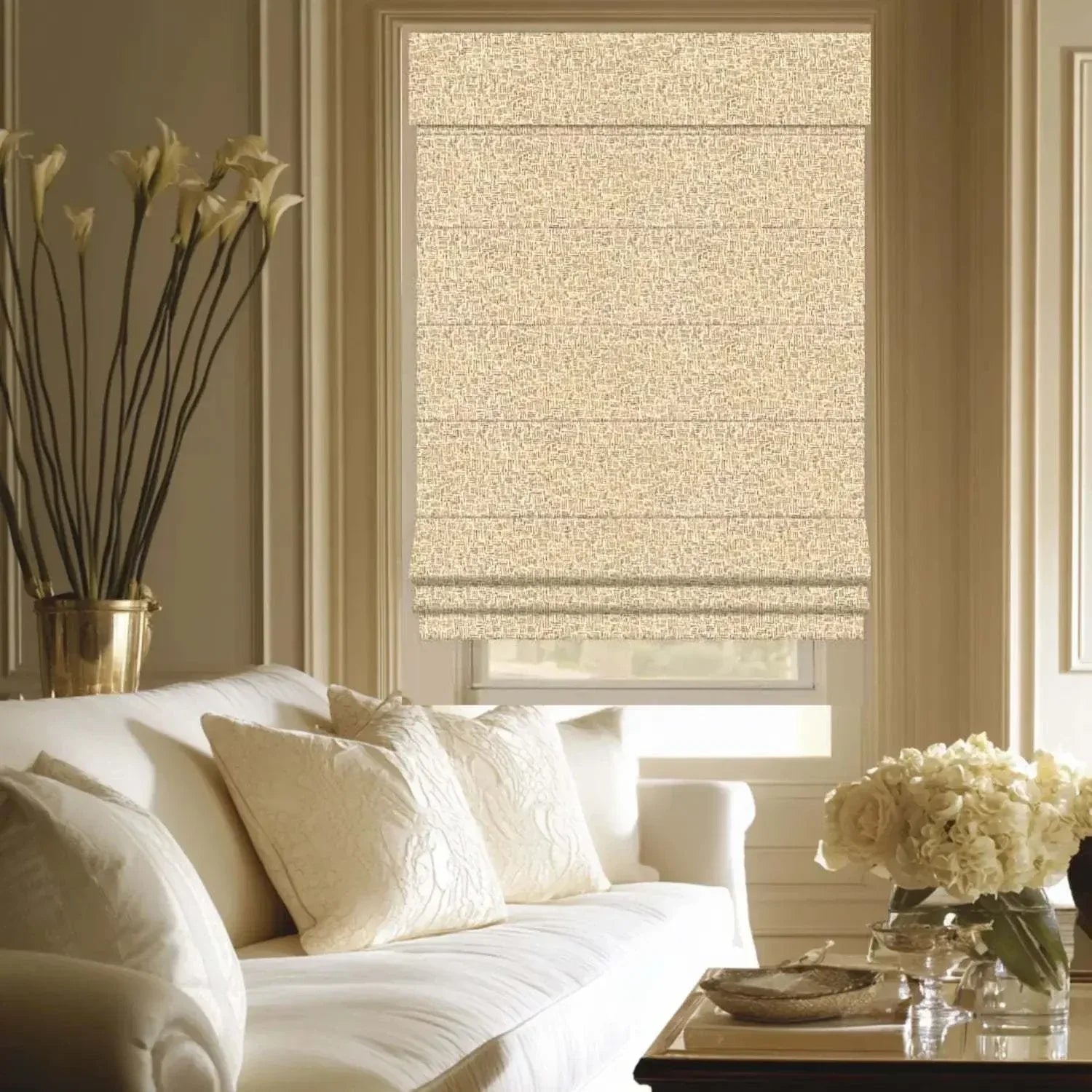 Value Blinds™ Premium Roman Shades in Cocoa Layer covering living room window with elegant decor