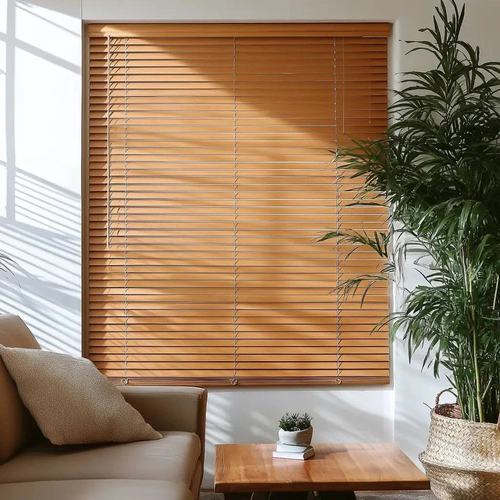 Value Blinds™ premium motorized bamboo blinds with 2-inch slats in living room setting
