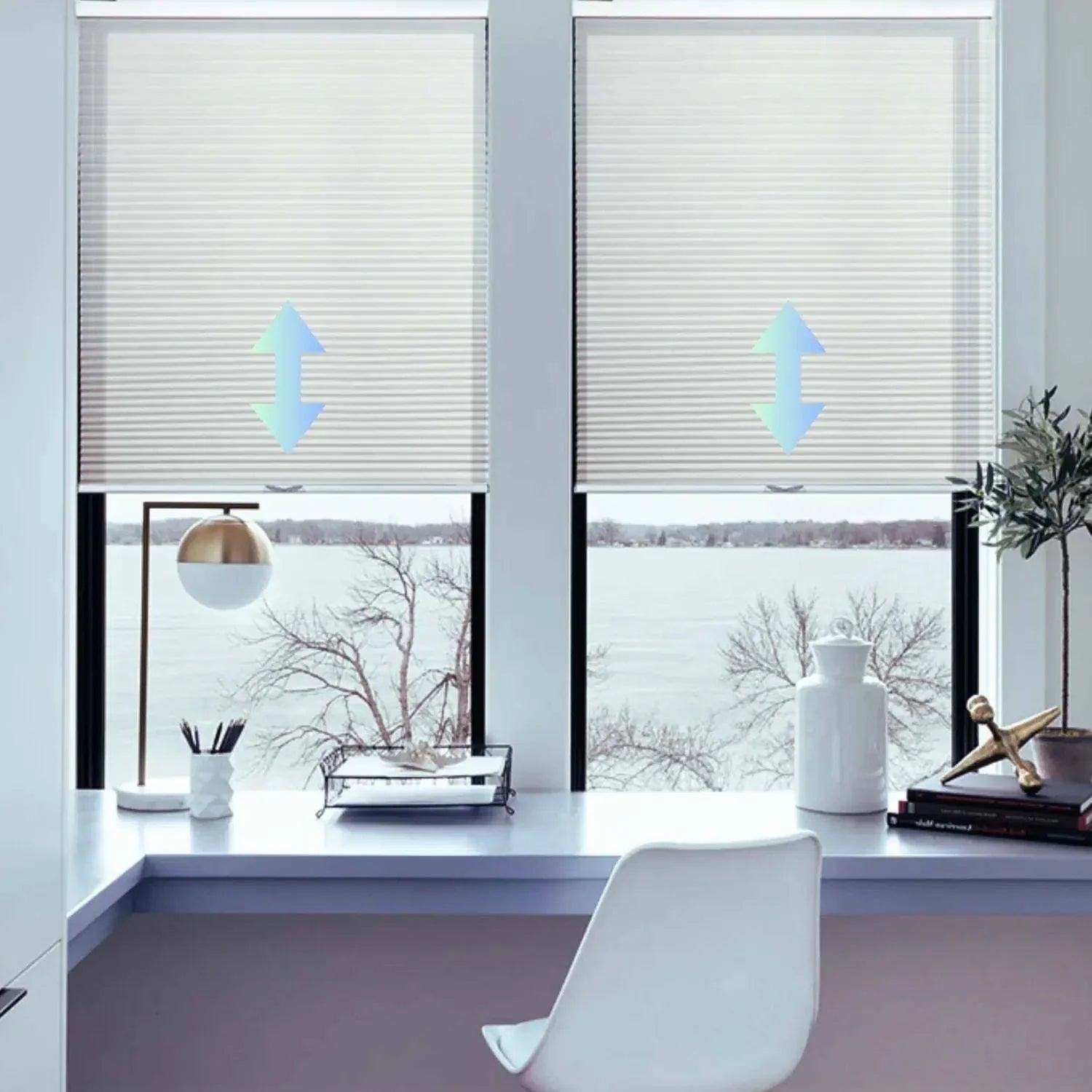 Value Blinds™ Premium Cordless Light Filtering Single Cellular Shades in modern home office setting.