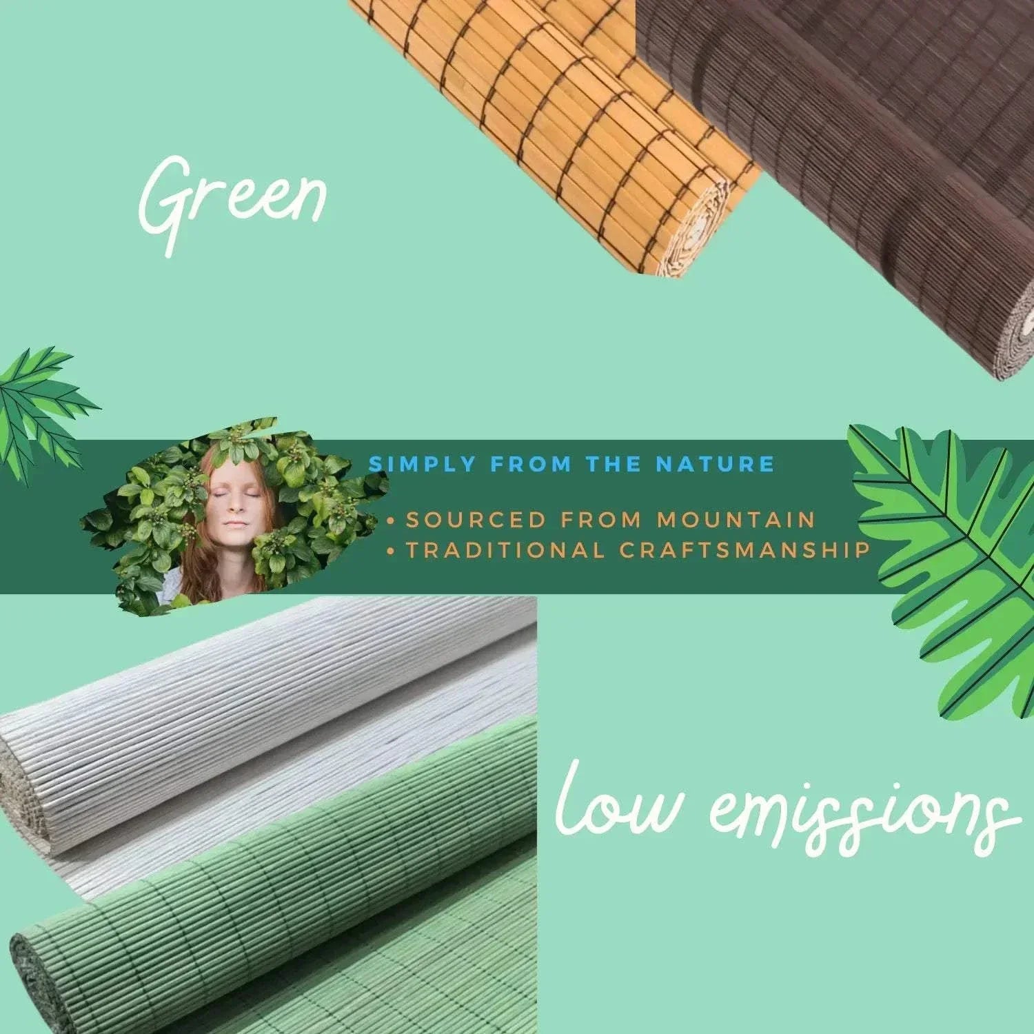 Value Blinds™ elegant premium natural bamboo woven motorized shades in green and neutral colors with eco-friendly low emissions