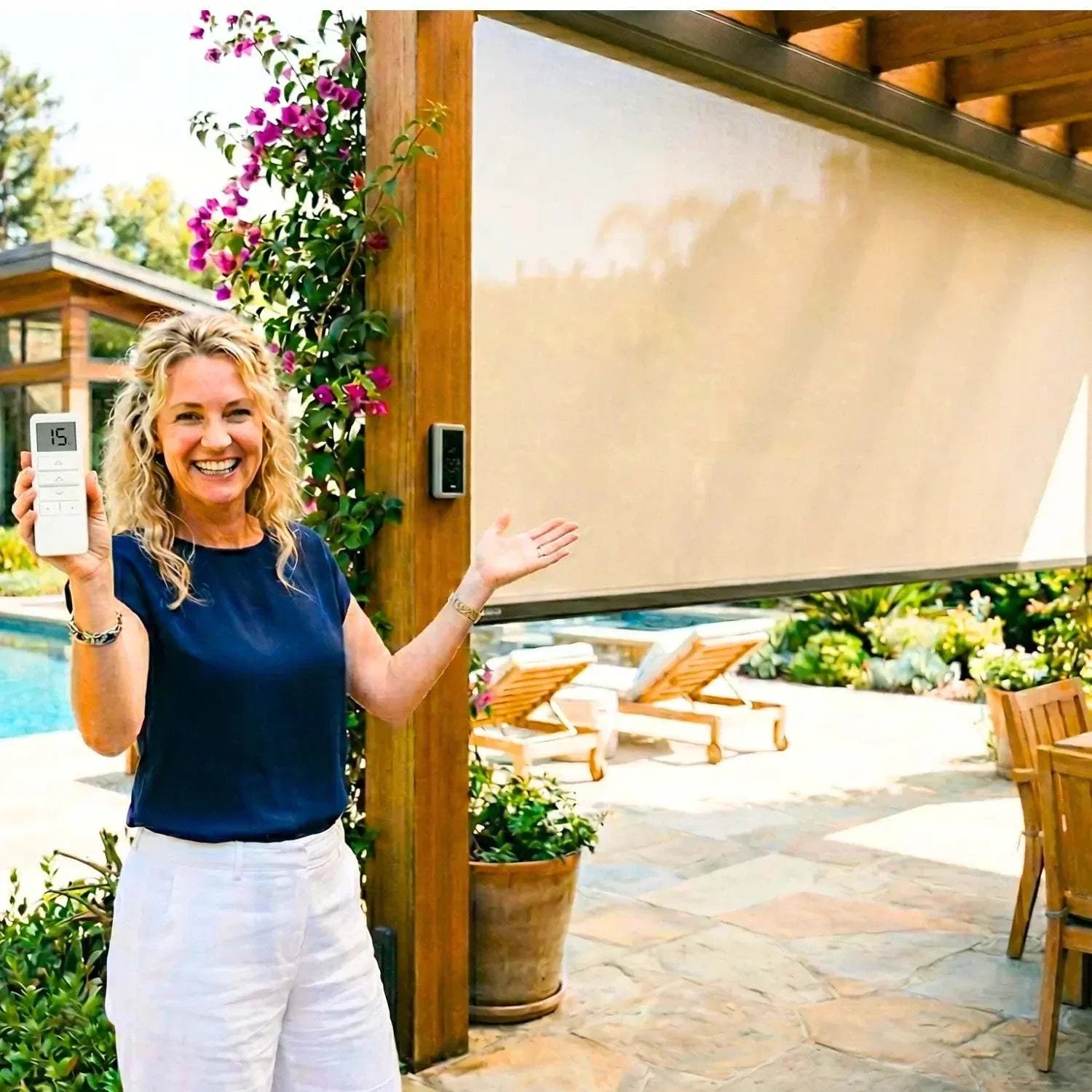 Value Blinds® Custom Hybrid Outdoor Solar Shade with manual and motorized control for UV protection and energy efficiency