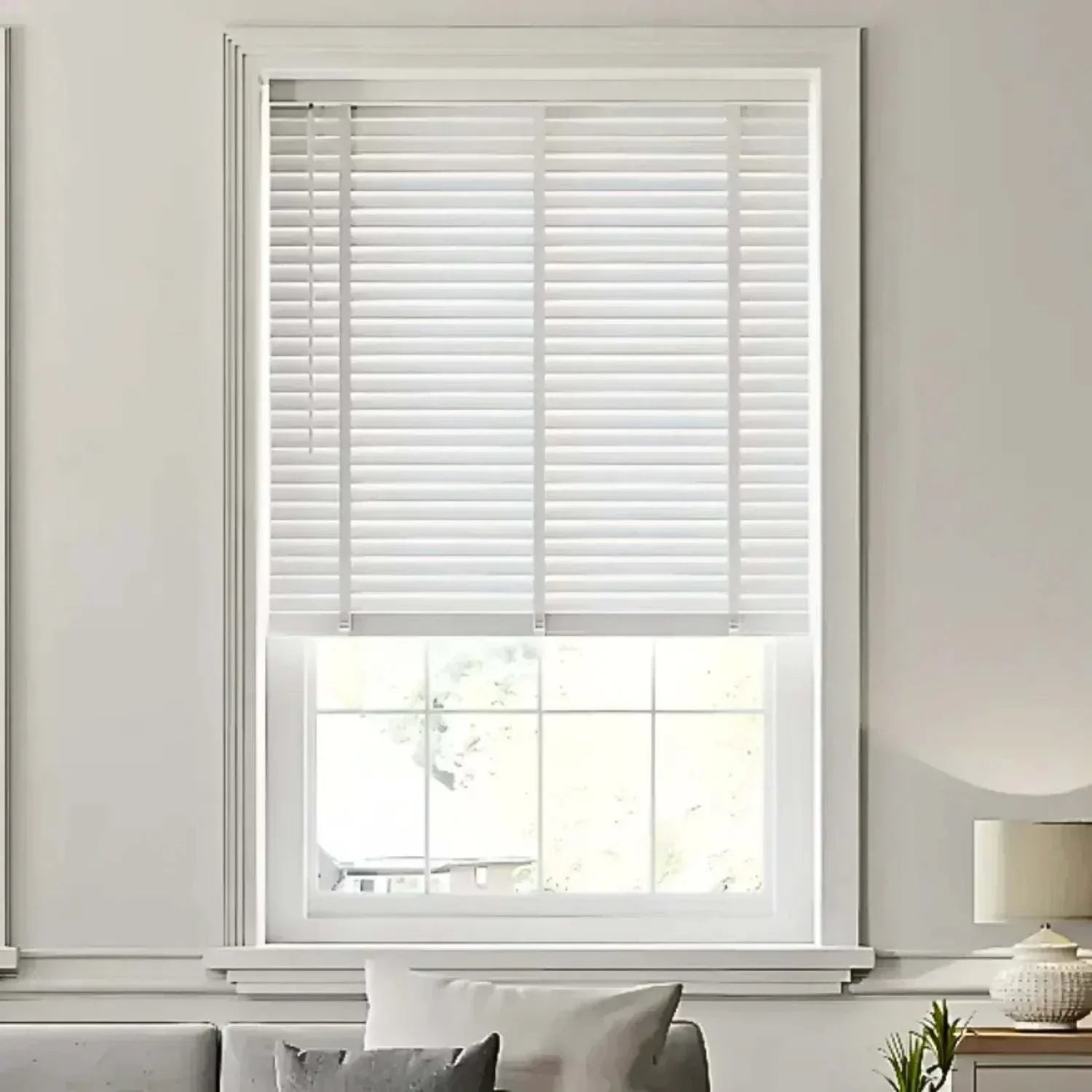 Value Blinds® Premium Motorized Basswood Wood Blinds with remote control in elegant interior