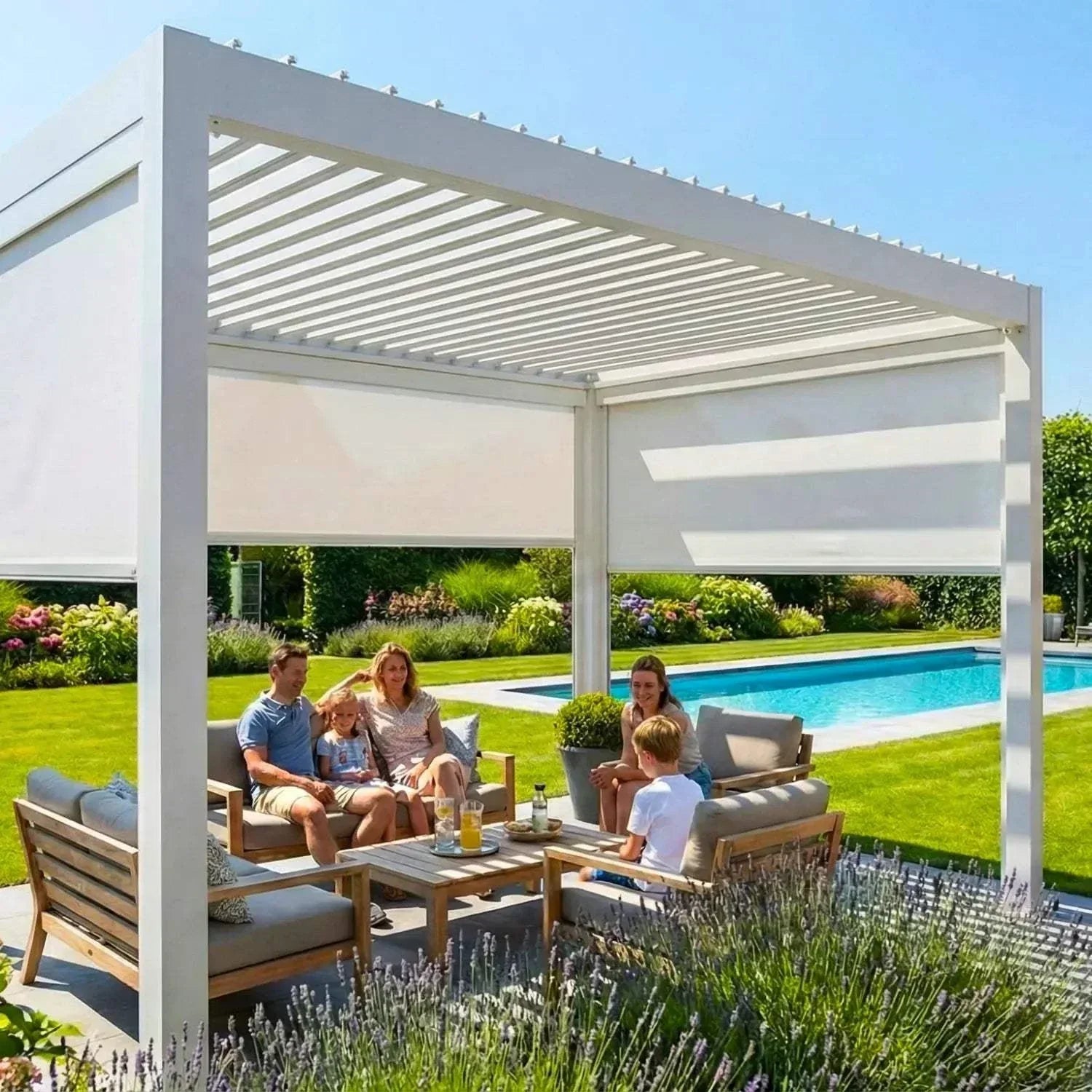 Value Blinds® Elite Motorized Pergola with motorized zip track side screens on patio