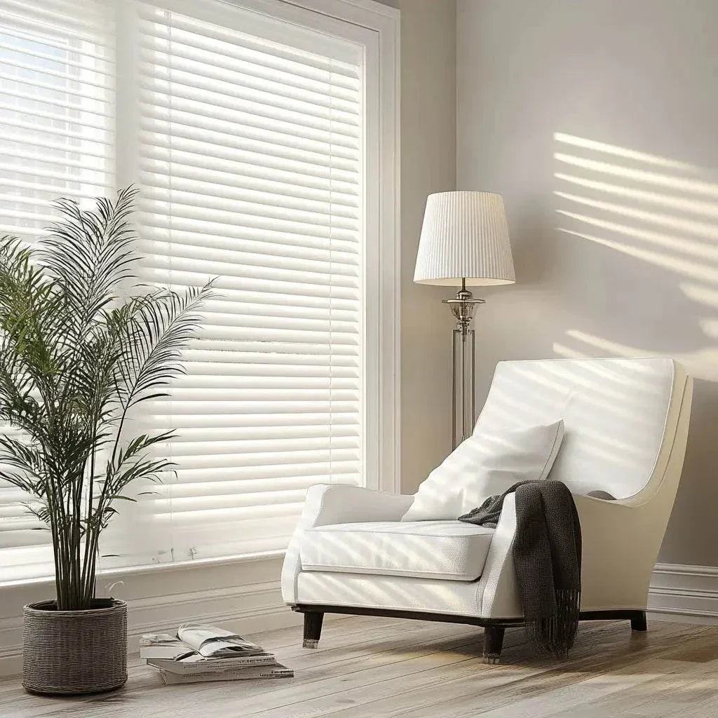 Value Blinds™ Premium Motorized Faux Wood Blinds with 2" slats in a modern living room setting