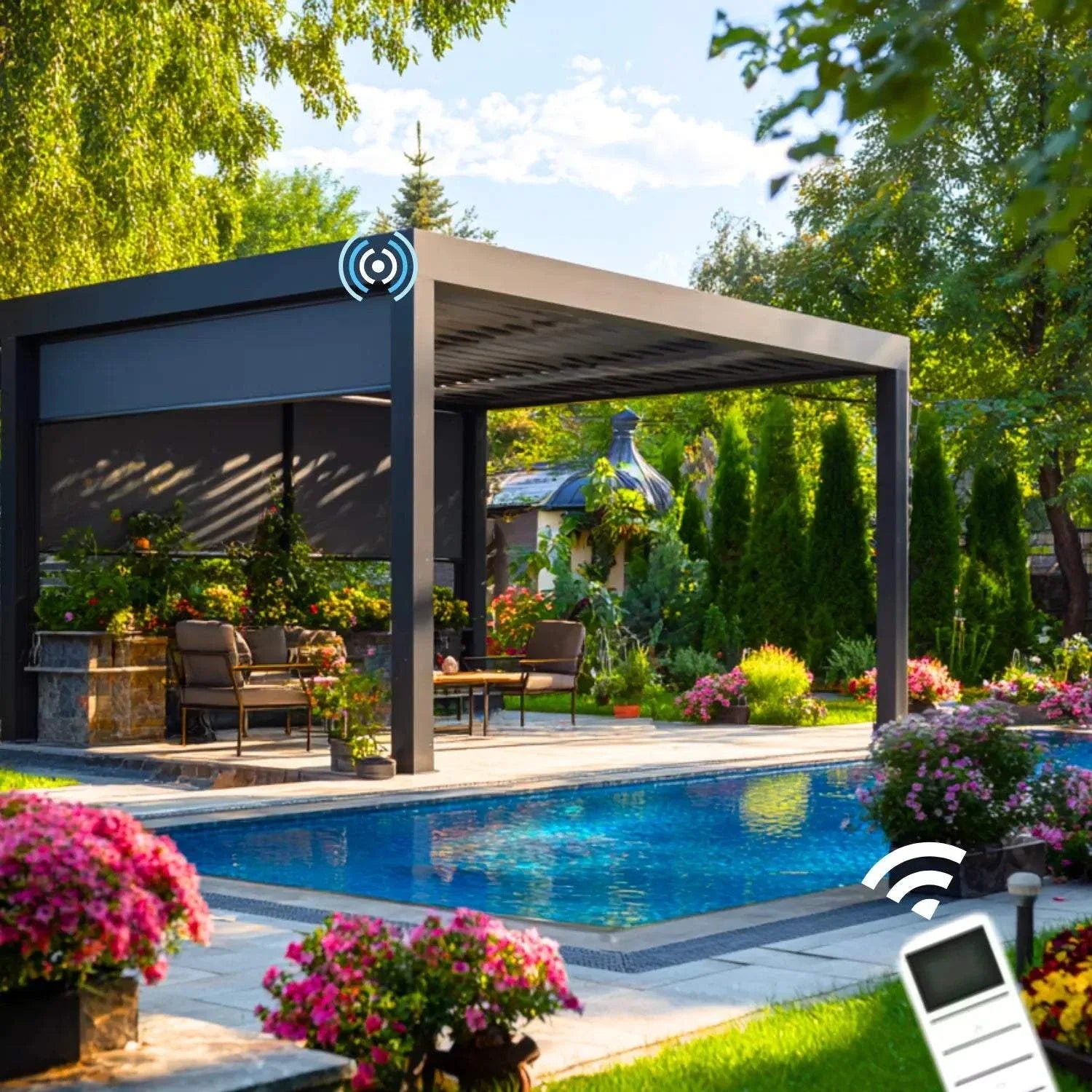 Value Blinds® Elite Motorized Pergola with motorized zip track side screens on a patio