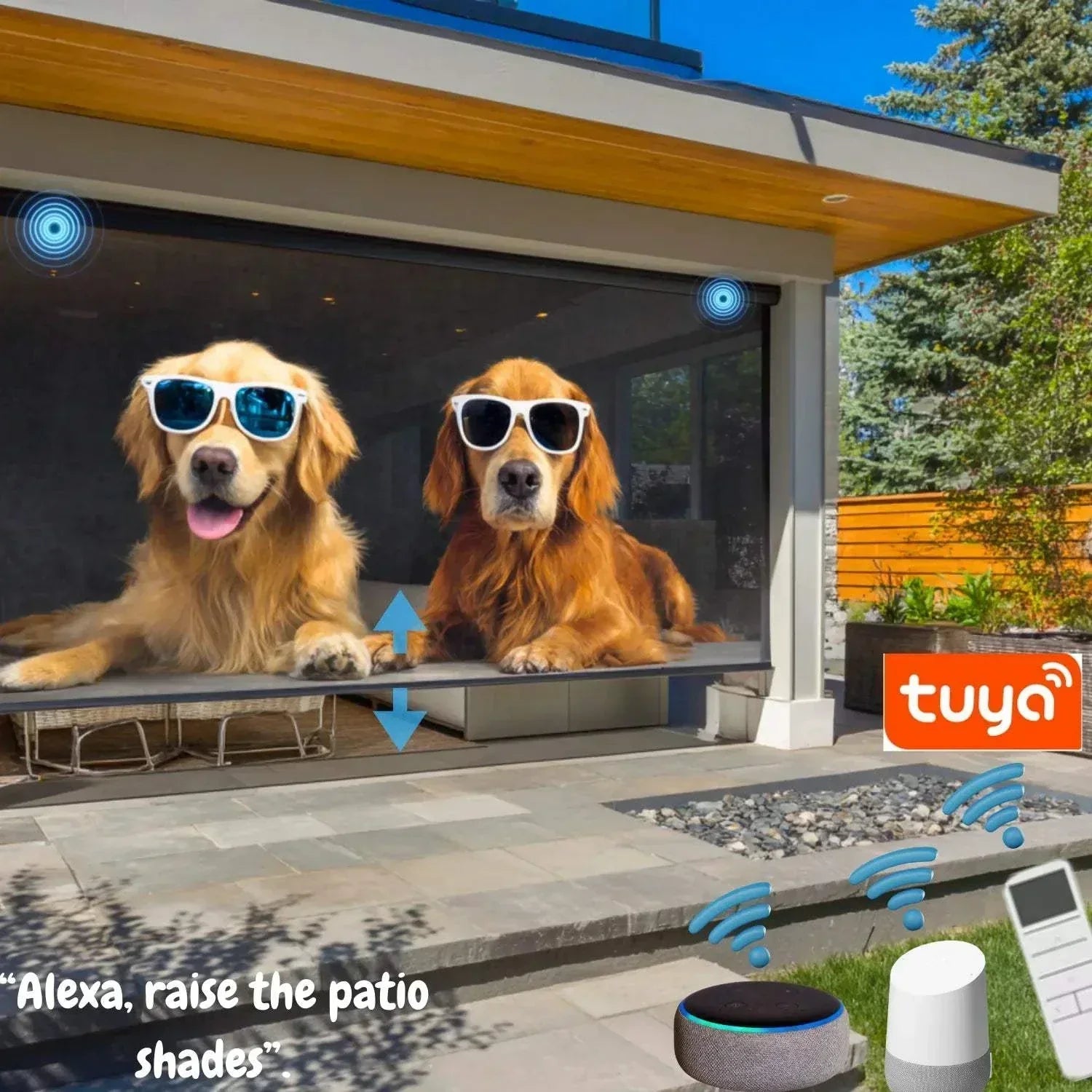 Value Blinds® Motorized Outdoor custom graphic shades with adjustable openness and reinforced side rails for large patios and pergolas