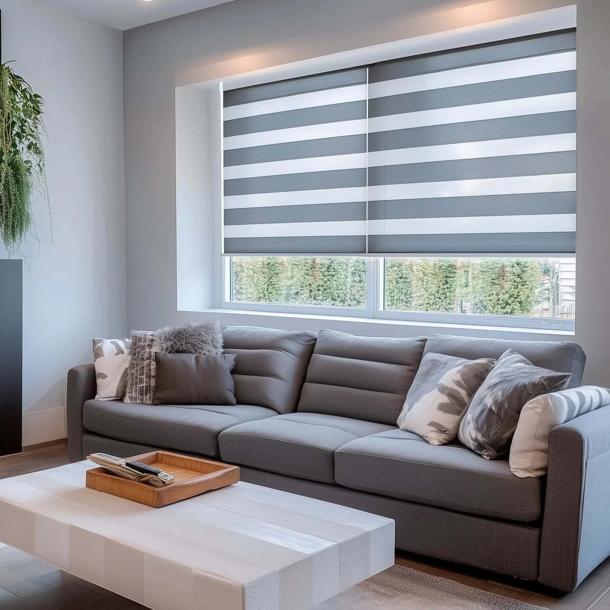 Value Blinds™ motorized and smart control zebra shades in modern living room with gray sofa and light filtering striped fabric blinds