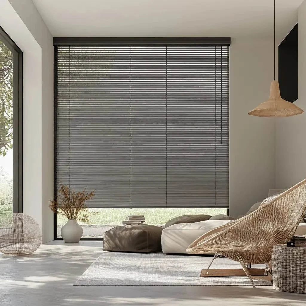 Value Blinds™ Premium motorized 1-inch aluminum mini blinds in modern living room with natural light and minimalist decor