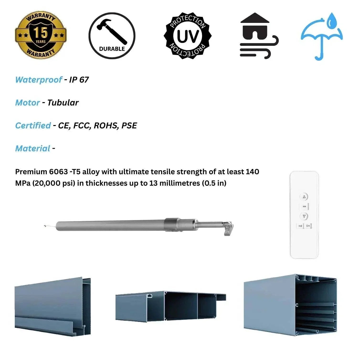 Value Blinds™ Pro motorized pergola components with durable waterproof premium alloy and remote control