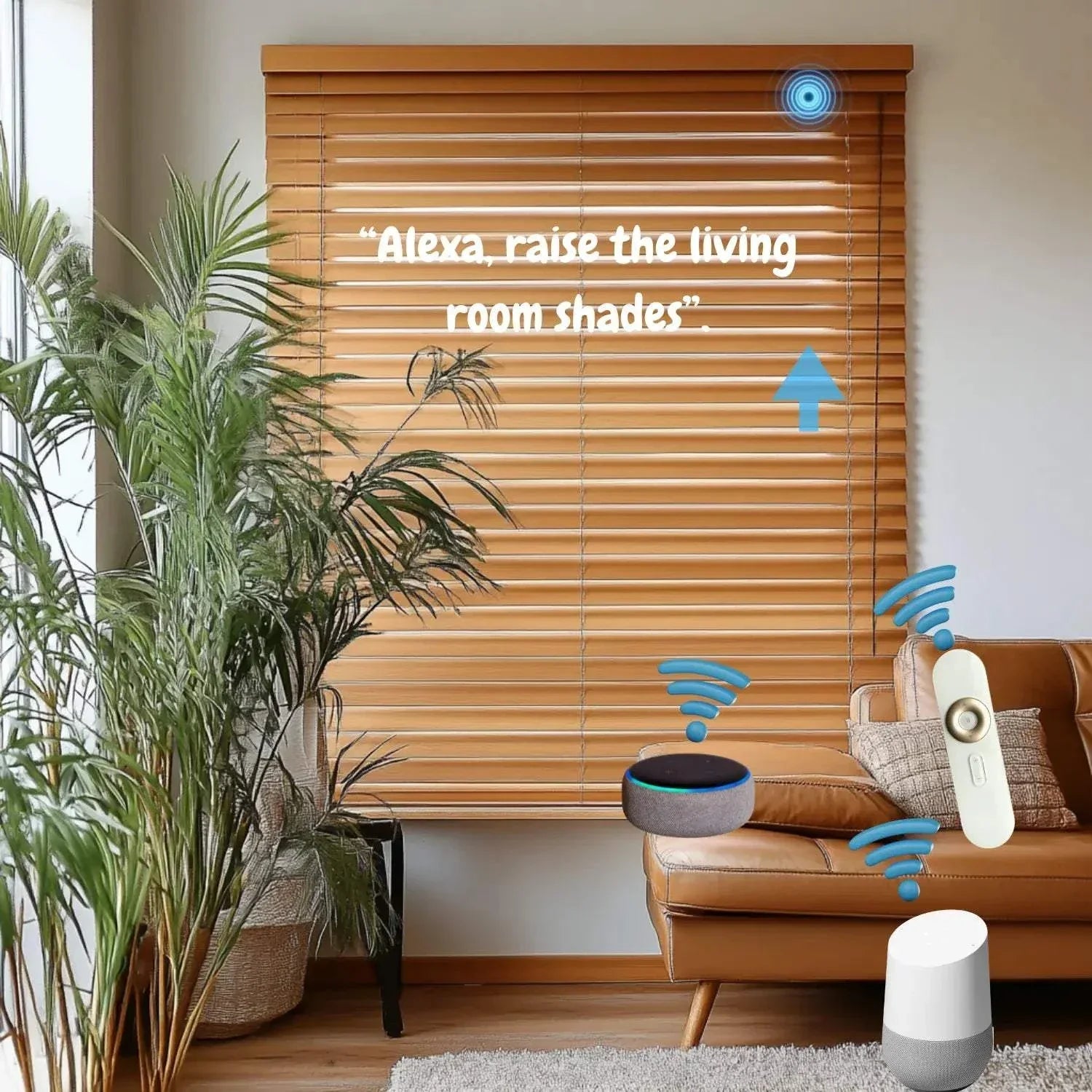 Value Blinds™ premium motorized bamboo blinds with 2-inch slats in modern living room with smart home control
