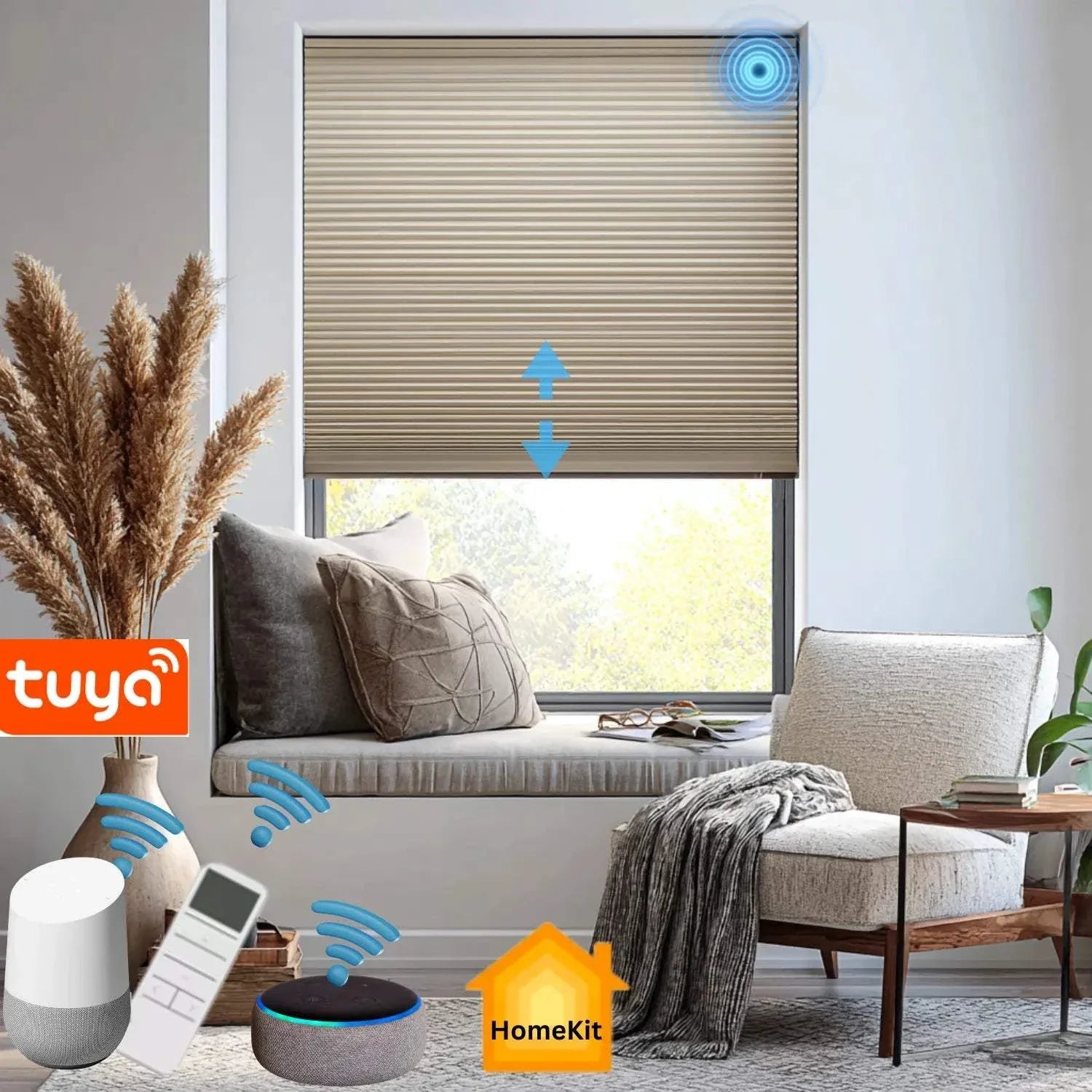 Value Blinds™ Premium Motorized Light Filtering Cellular Shades in a modern living room setting with smart device integration.