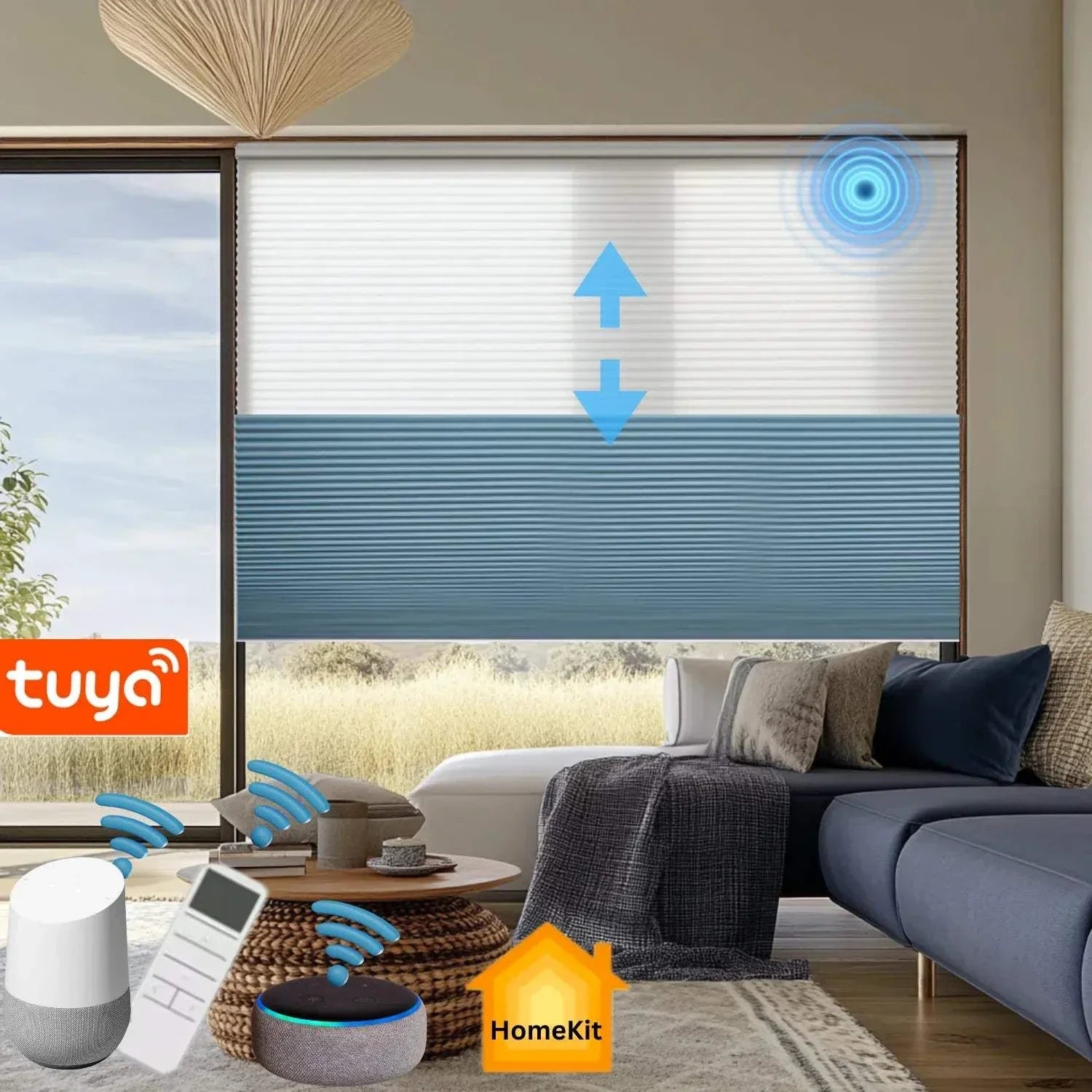 Value Blinds™ Premium Motorized Day and Night Cellular Shades with smart home control in modern living room