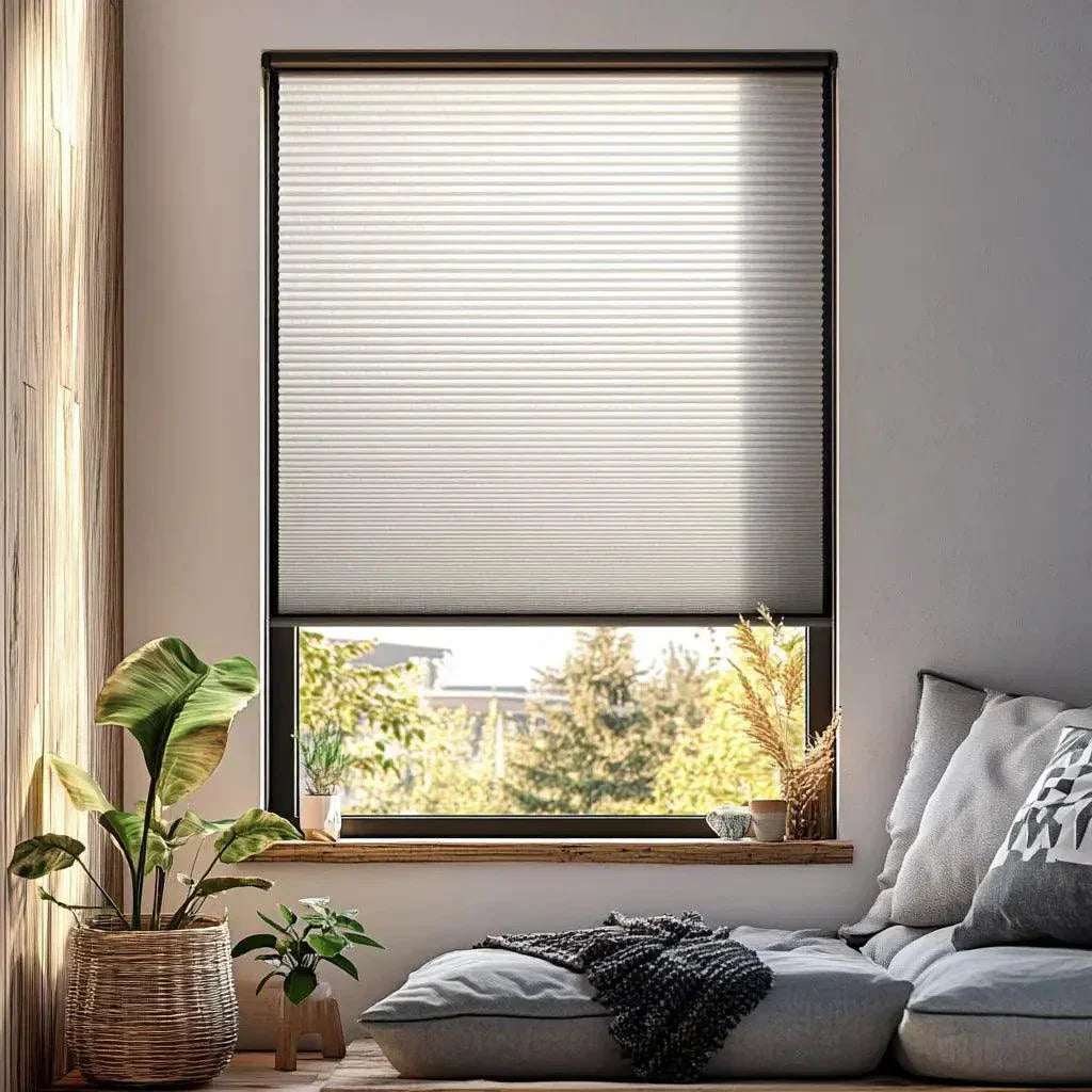 Value Blinds™ Motorized Deluxe Light Filtering Cellular Shades in modern living room with natural light and plants