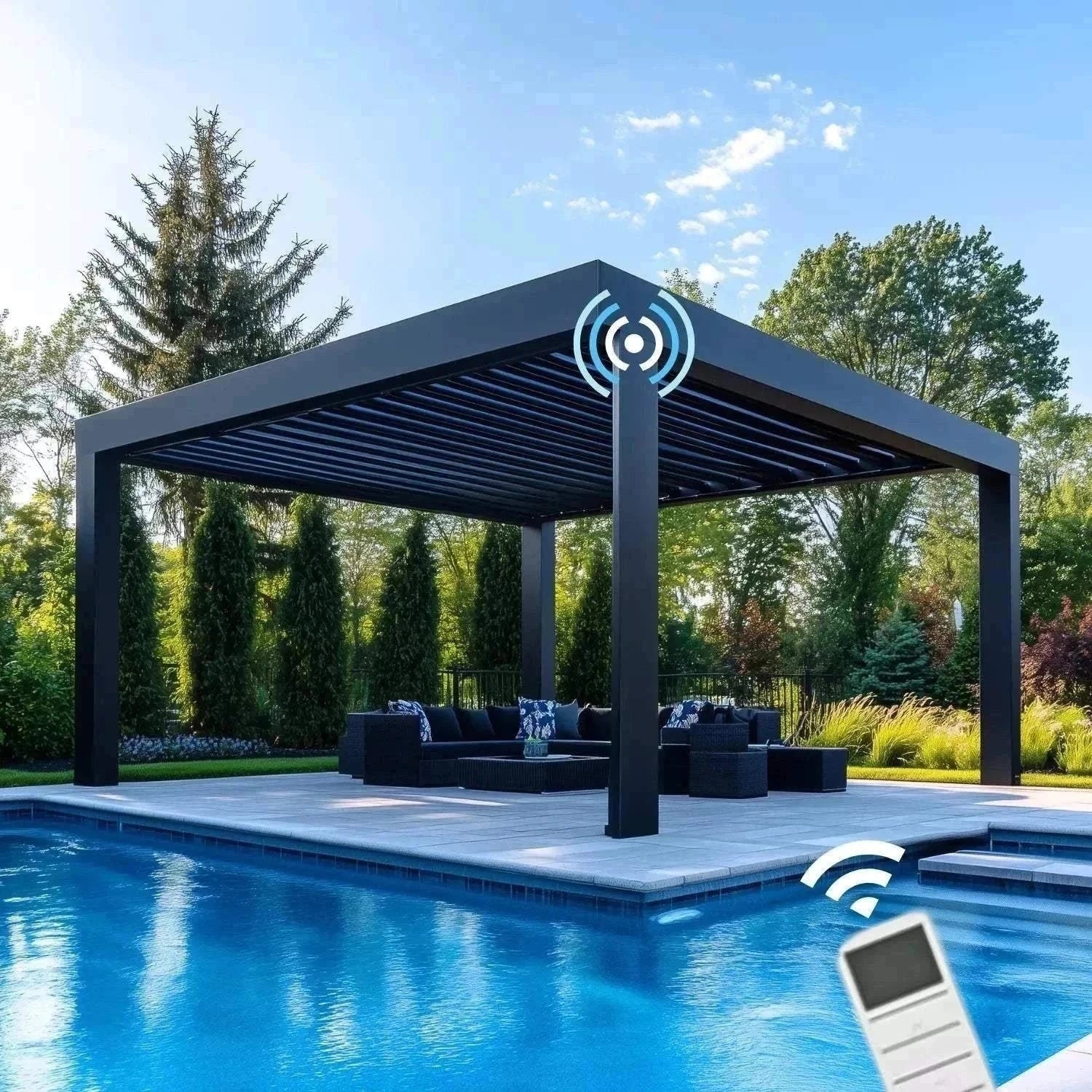 Value Blinds™ Pro motorized pergola over poolside seating area in backyard with remote control