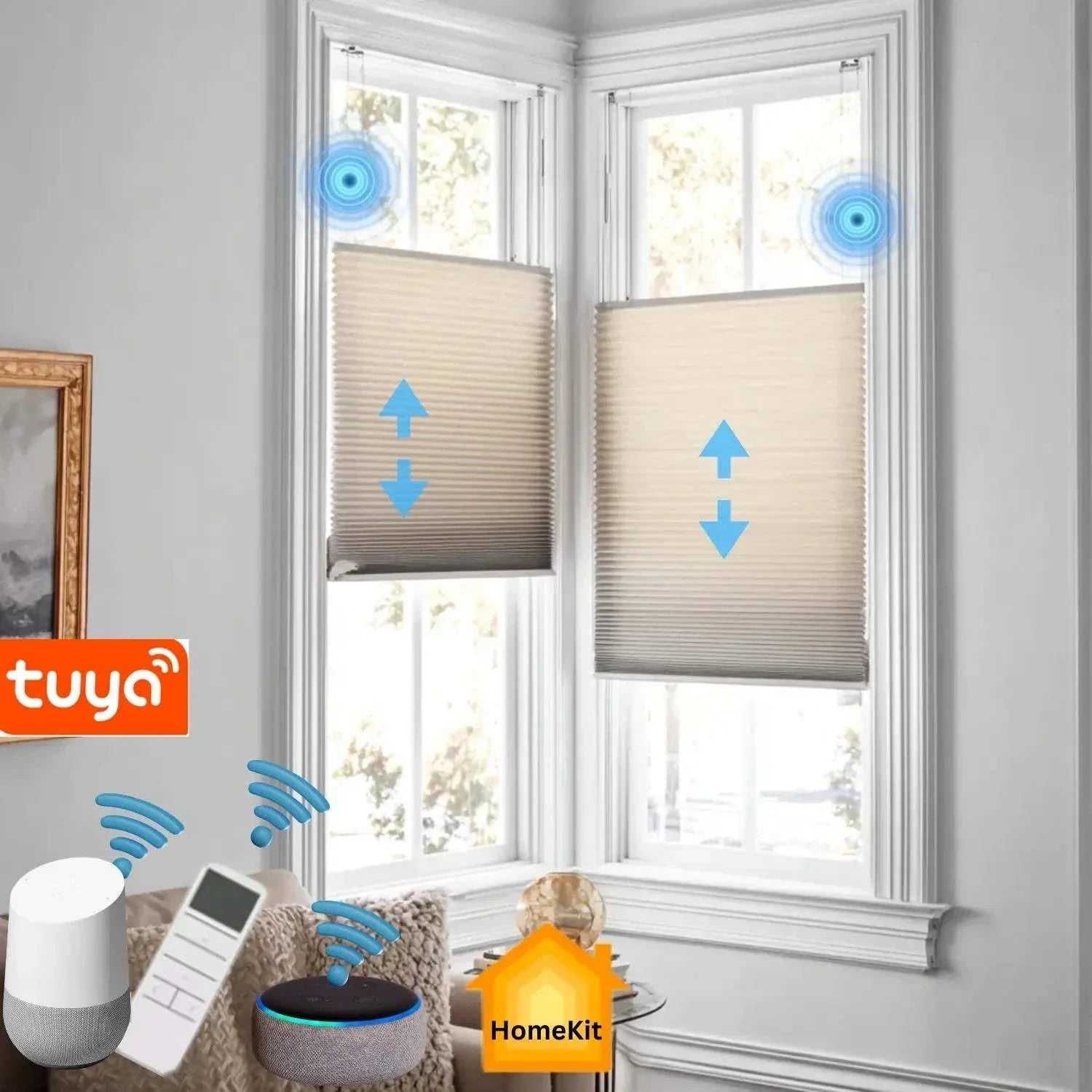 Value Blinds™ motorized top down bottom up light filtering cellular shades in beige installed in corner window with smart home integration icons