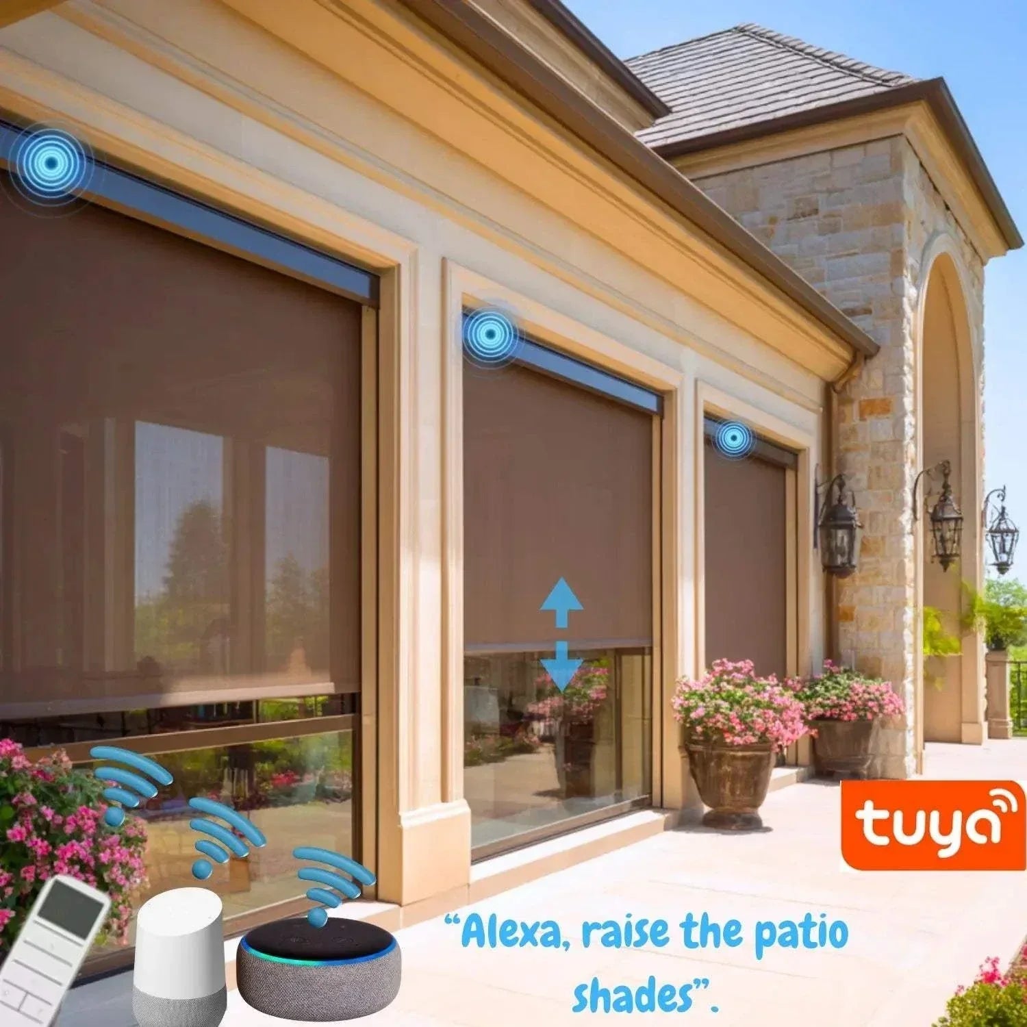 Value Blinds™ Motorized Exterior Shades with side rails on patio windows controlled by voice commands