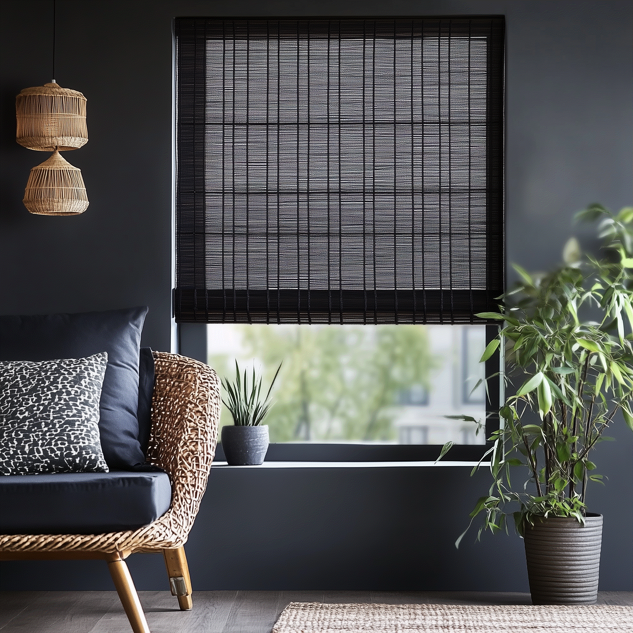 Value Blinds™ elegant premium bamboo woven motorized shades in modern living room setting