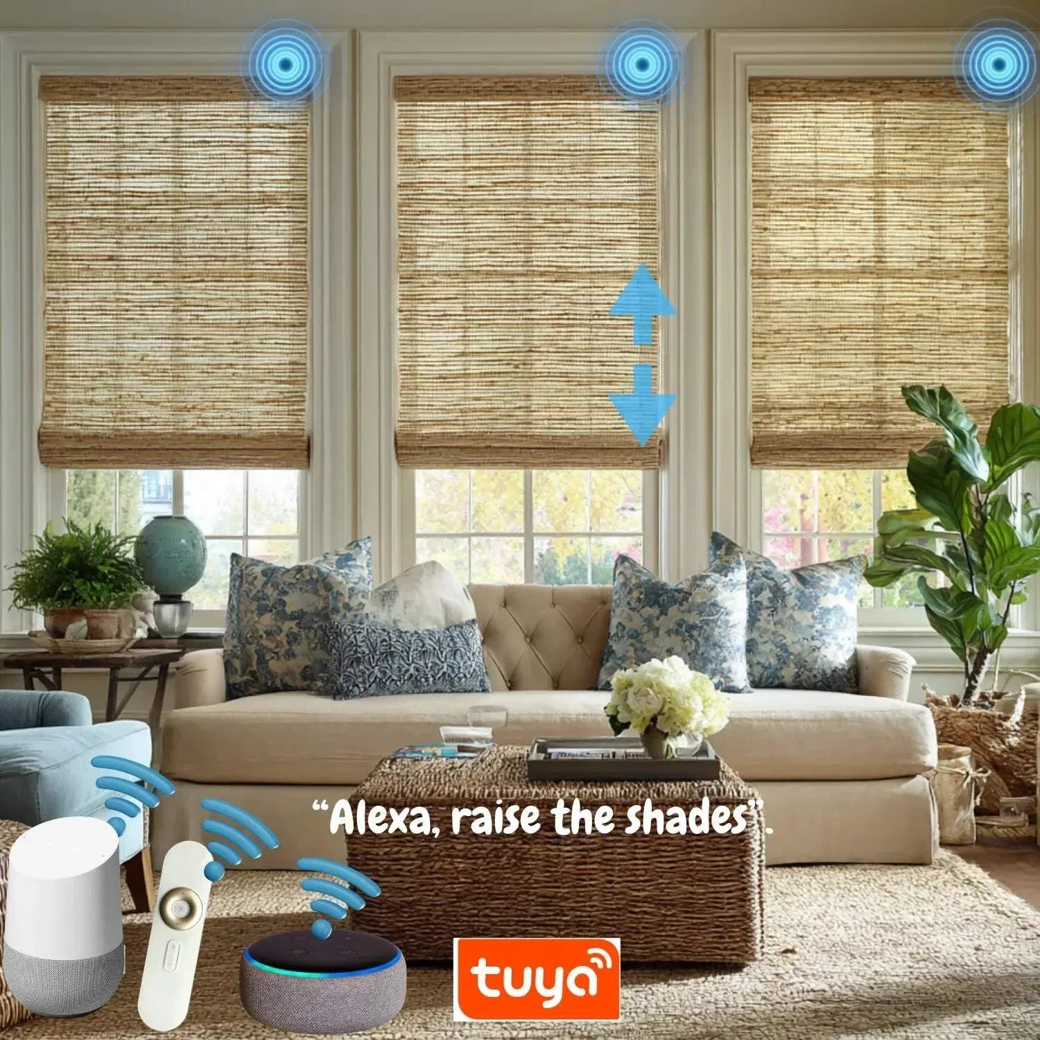 Motorized Value Blinds™ Natural Woven Shades in a modern living room with smart home control and natural fiber texture.