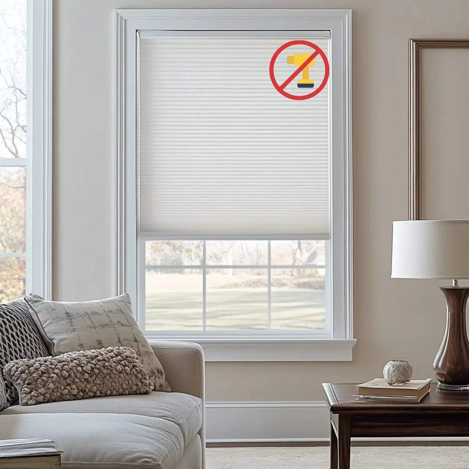 Value Blinds™ No Drill No Tool manual cellular shades installed on window in living room without tools or drilling