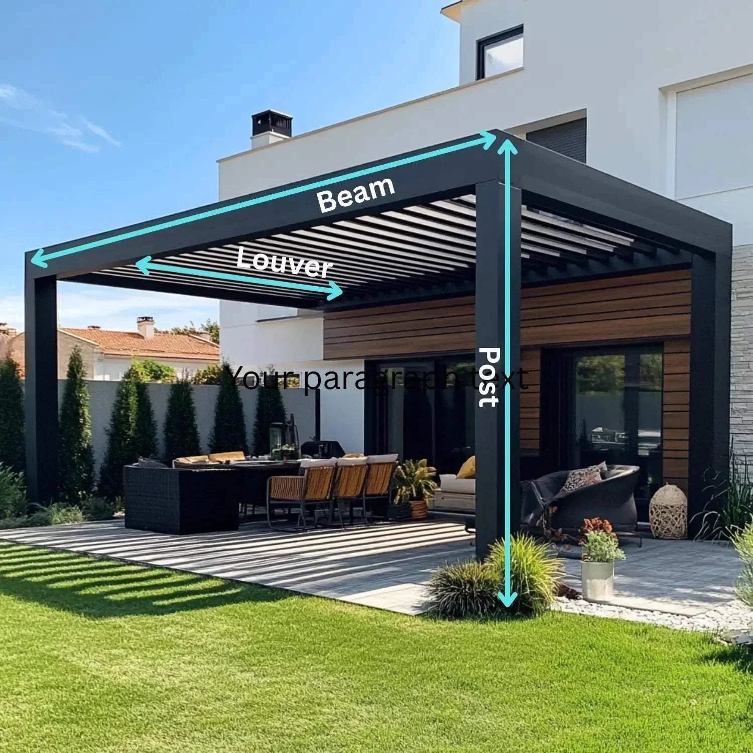 Value Blinds™ Pro motorized pergola with weather-resistant beams and louvers providing shade over outdoor patio seating.
