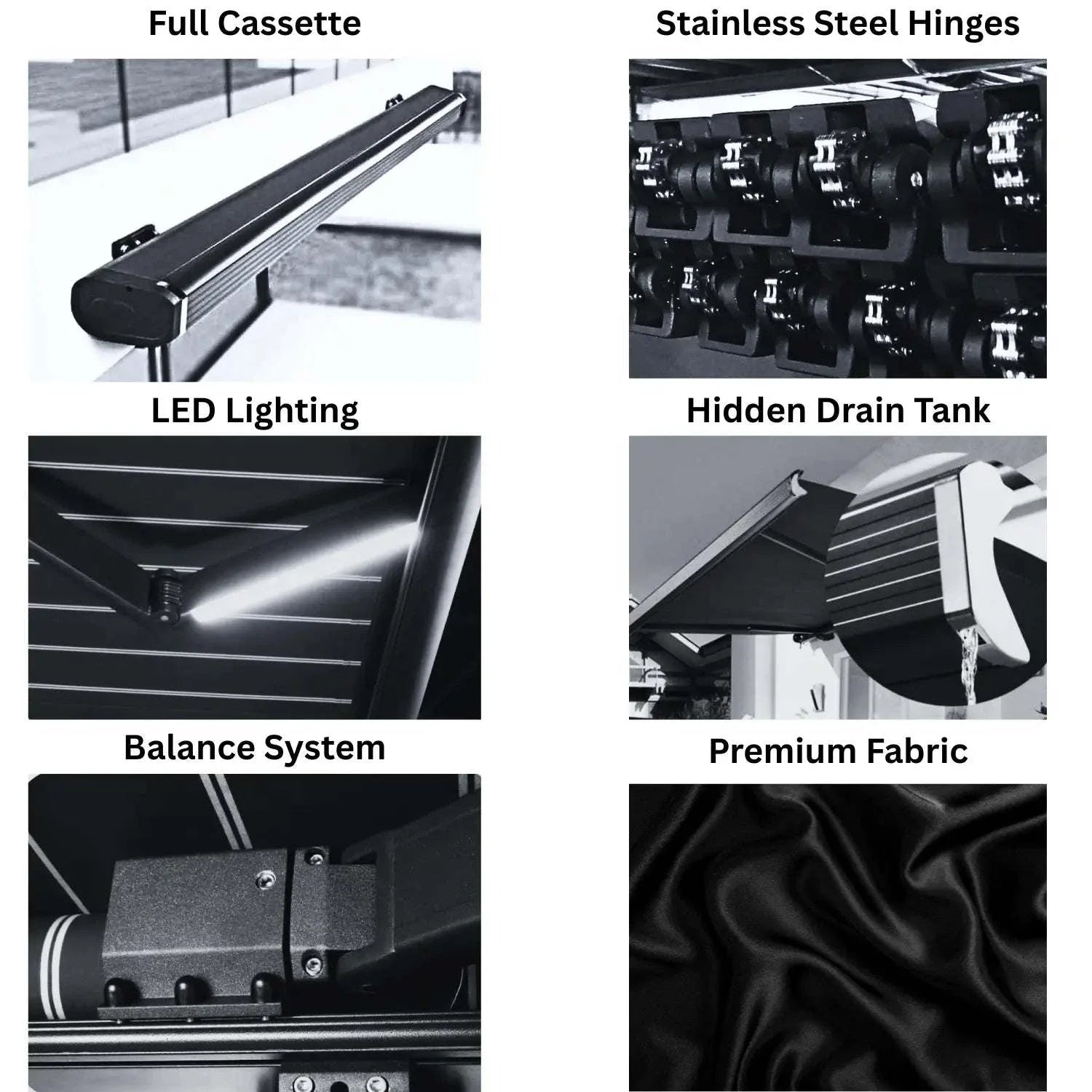 Value Blinds® motorized retractable awnings full cassette with stainless steel hinges, LED lighting, hidden drain tank, balance system, and premium fabric features
