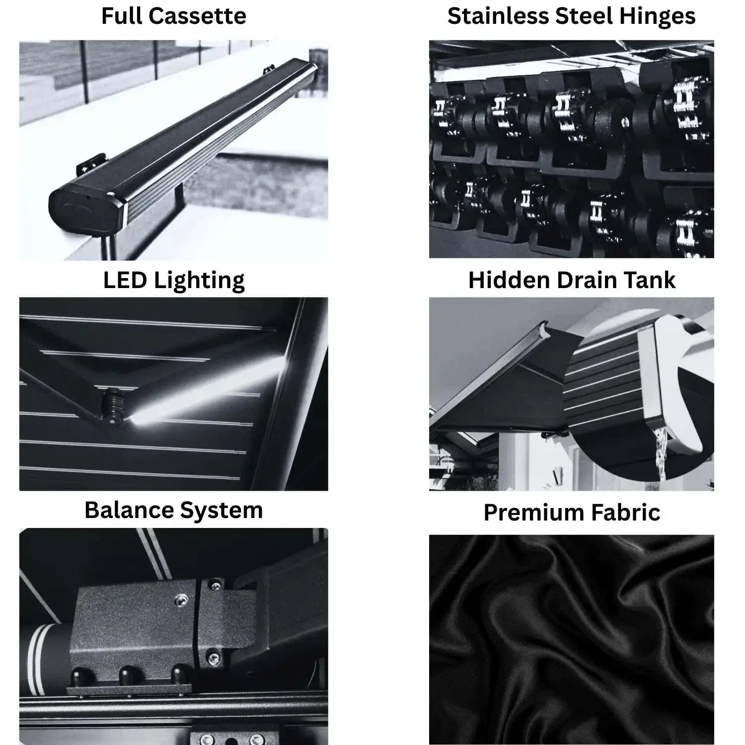 Value Blinds® motorized retractable awnings full cassette with stainless steel hinges, LED lighting, hidden drain tank, balance system, and premium fabric features