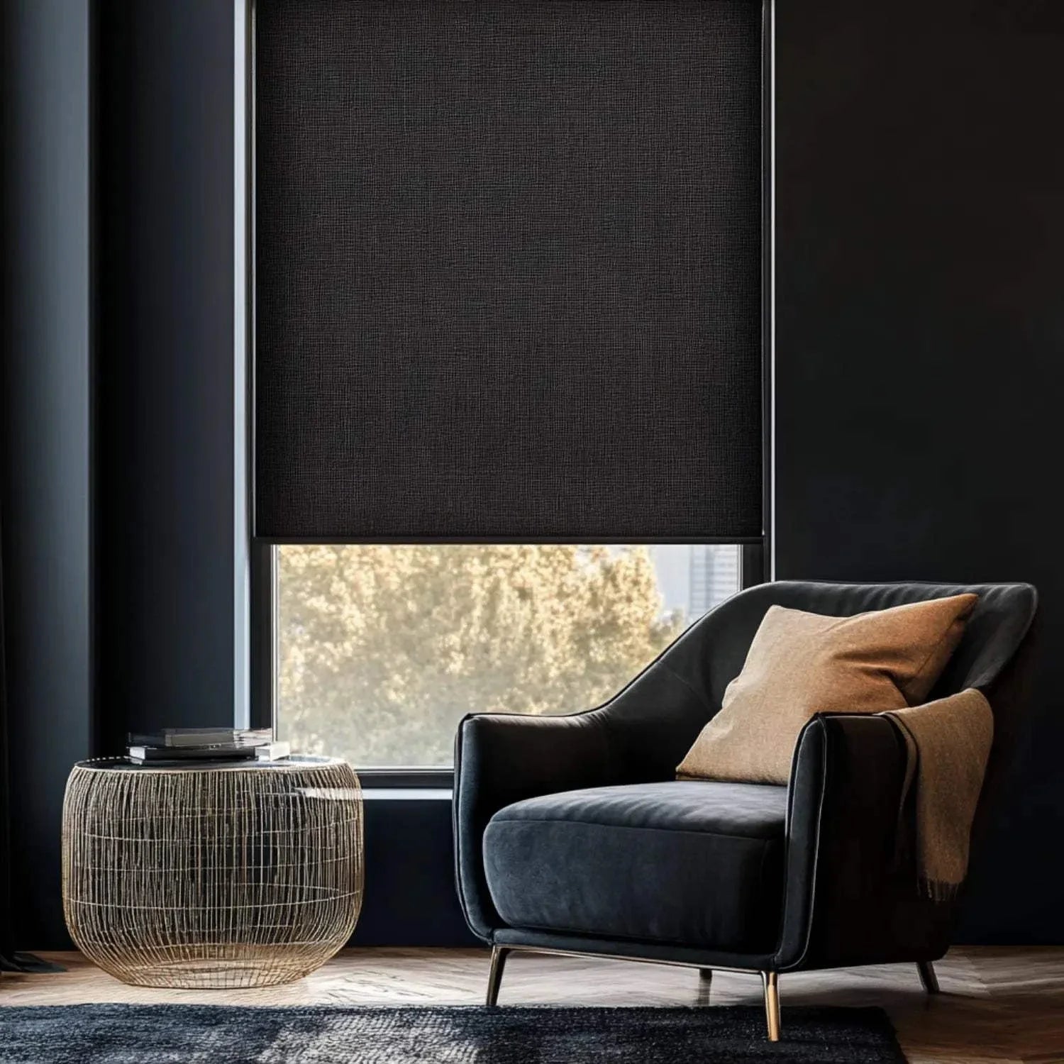 Value Blinds™ motorized blackout roller shades with textural harmony in a stylish room.