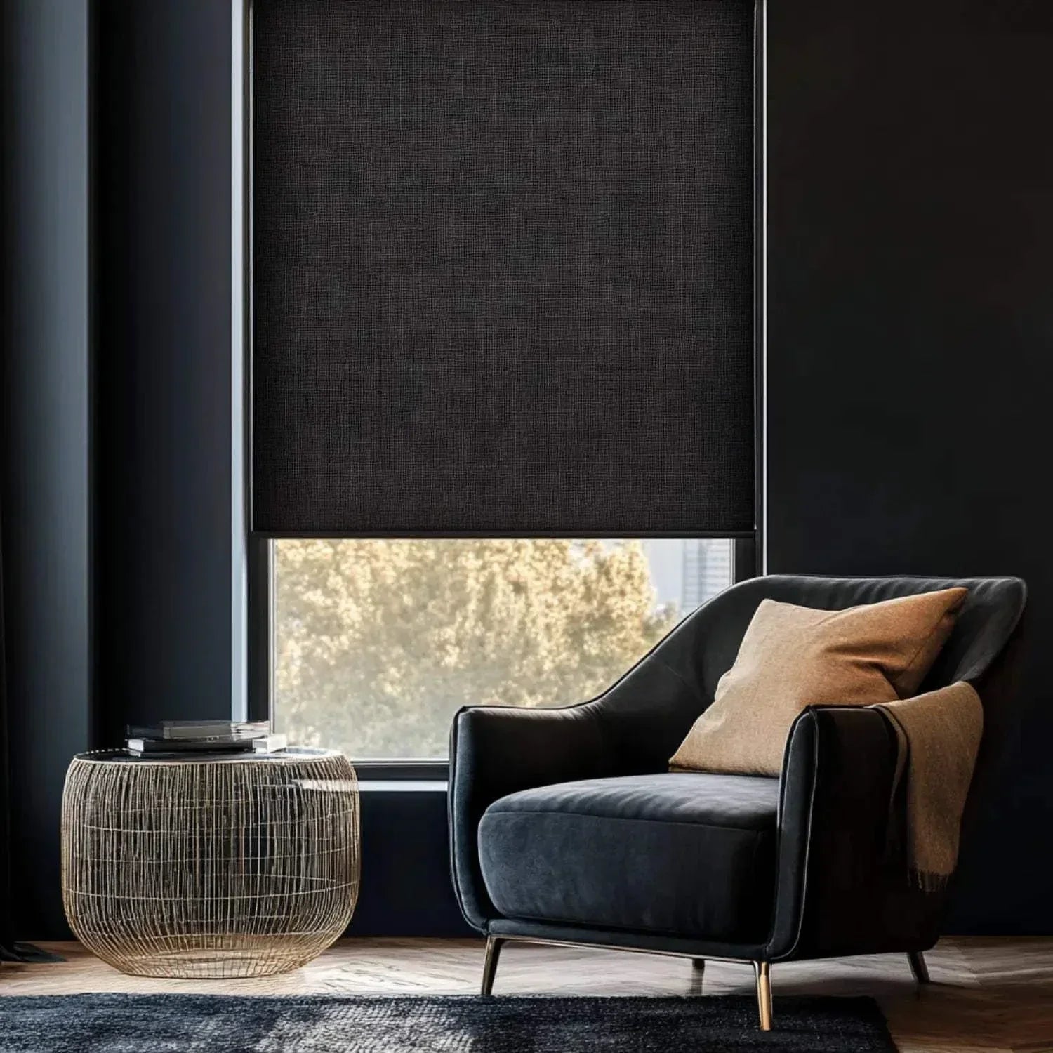 Value Blinds™ elegant black motorized roller shades with blackout and smart control features