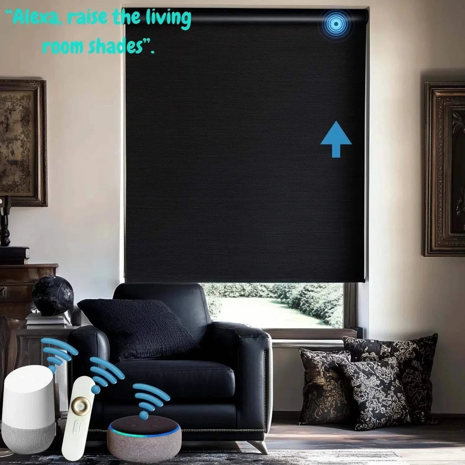 Value Blinds™ motorized blackout roller shade with smart control in a modern living room setting