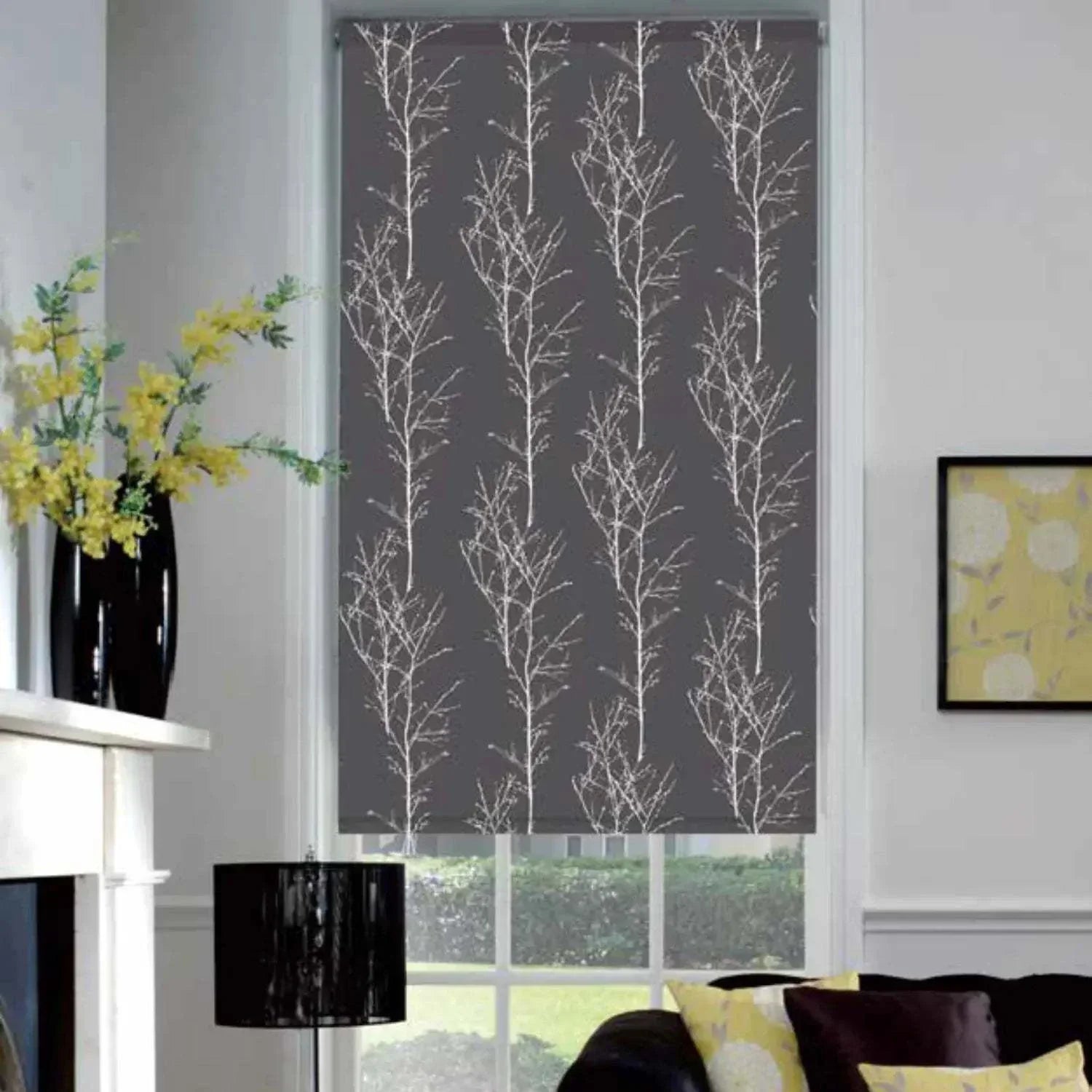 Value Blinds™ Elegant motorized roller shades with leafy pattern light filtering design in modern living room