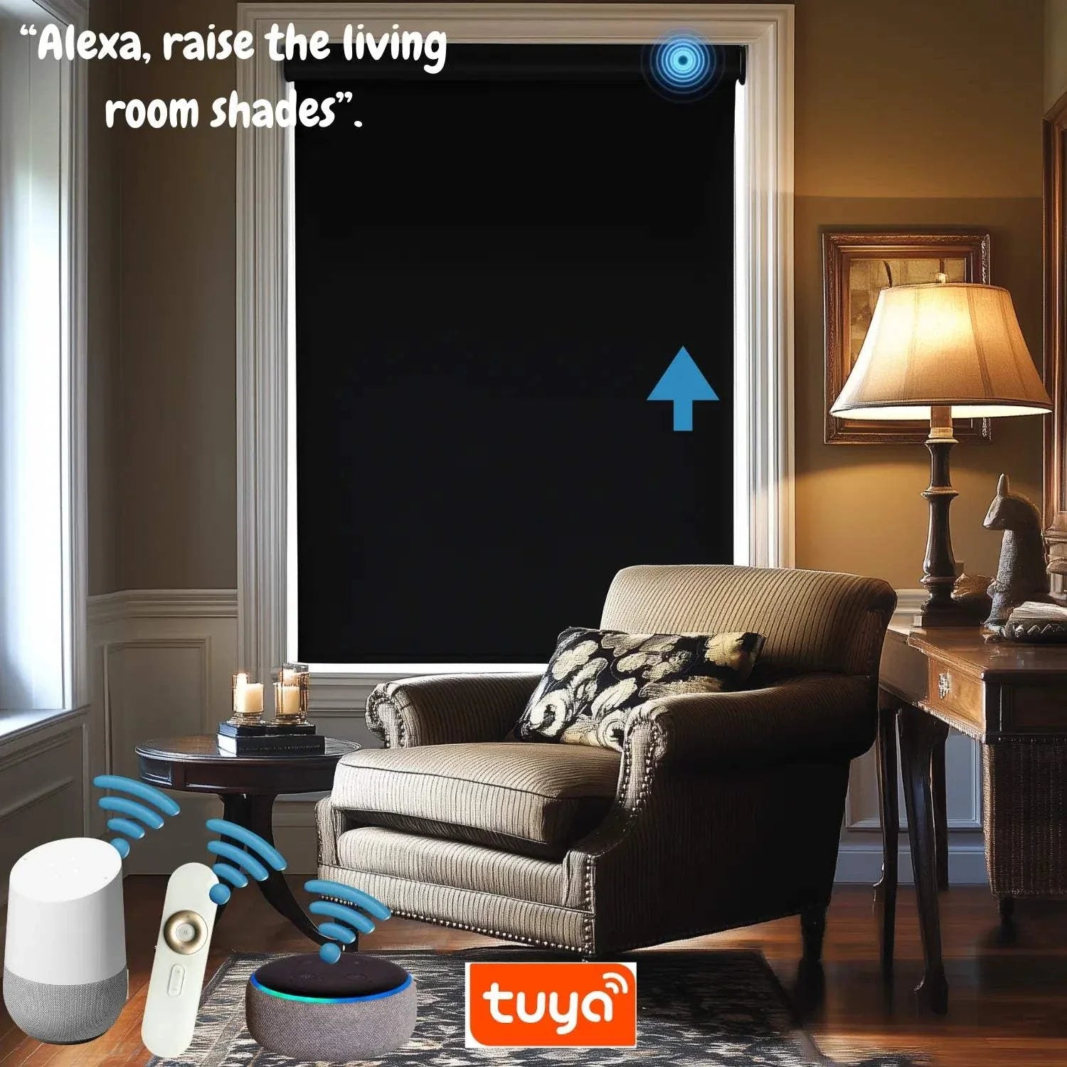 Motorized blackout roller shade in living room with smart control and voice command compatibility by Value Blinds™ Elegant